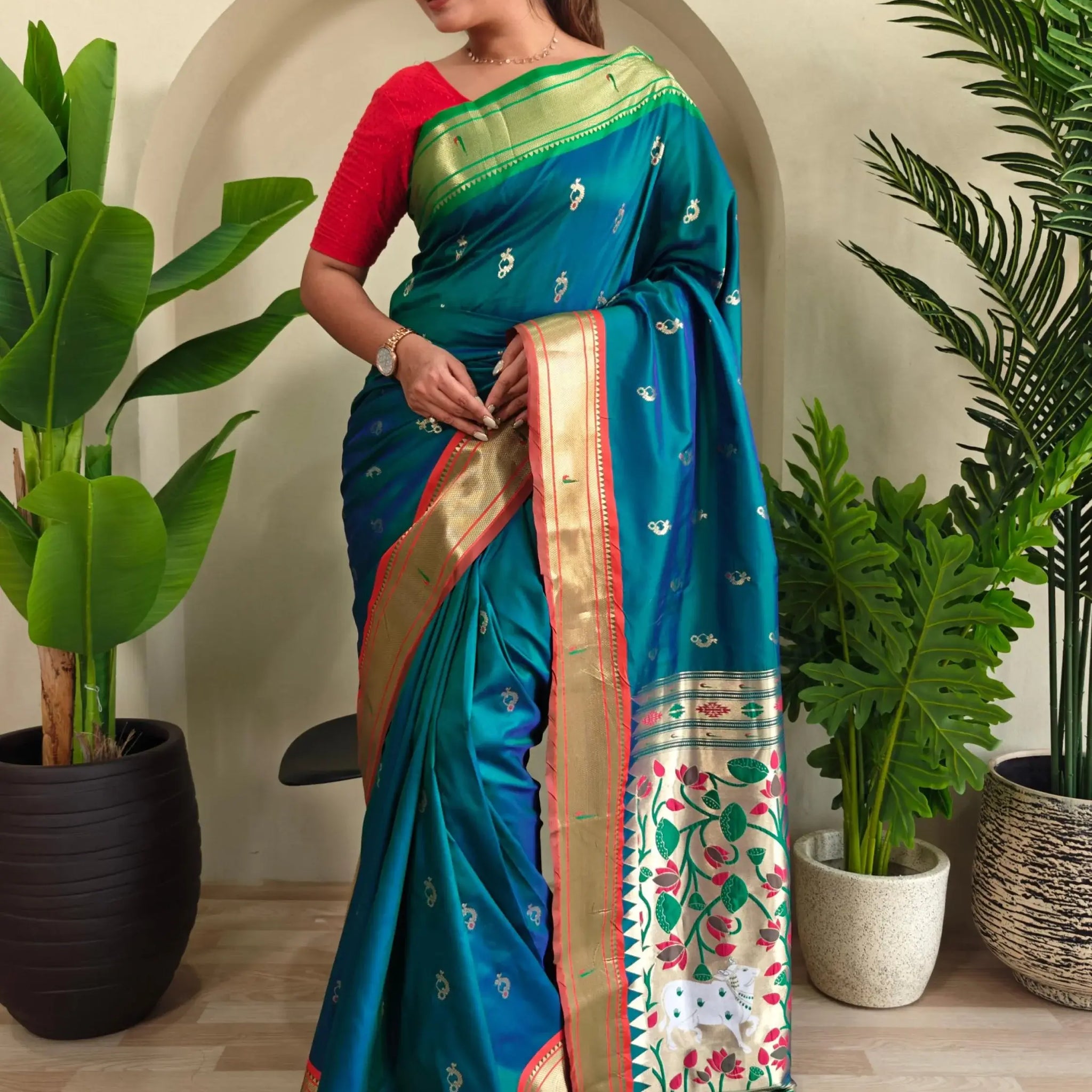 Delicate Teal Green Pichwai Printed Silk Function Wear Saree With Blouse - Zeel Clothing
