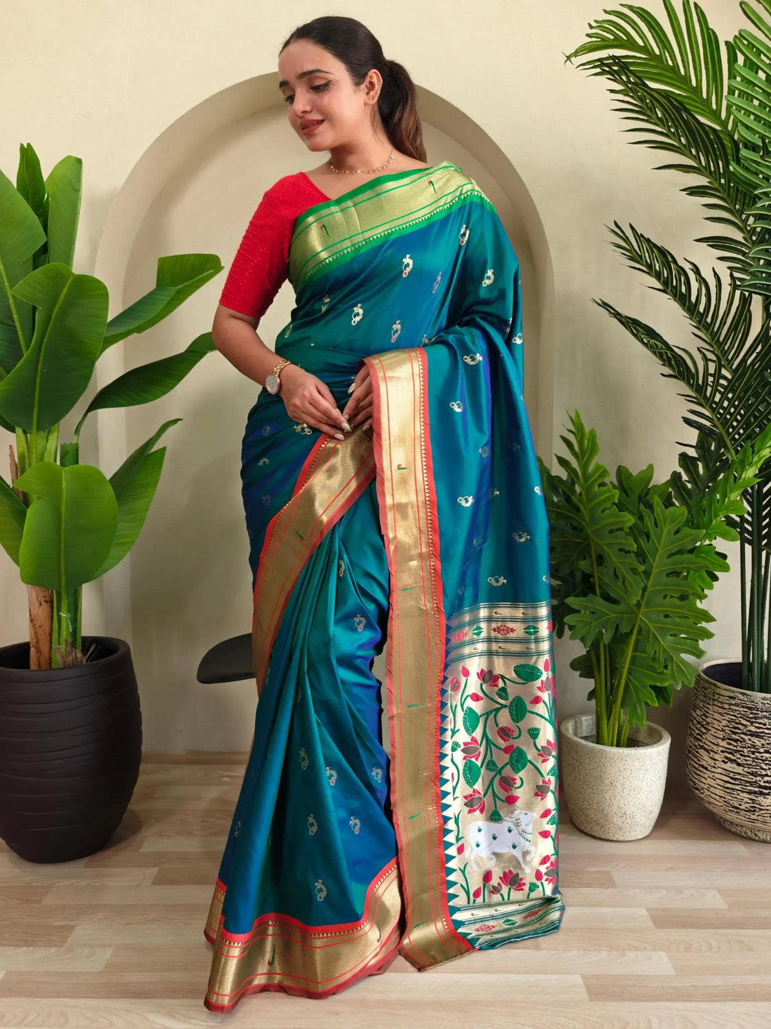 Delicate Teal Green Pichwai Printed Silk Function Wear Saree With Blouse - Zeel Clothing