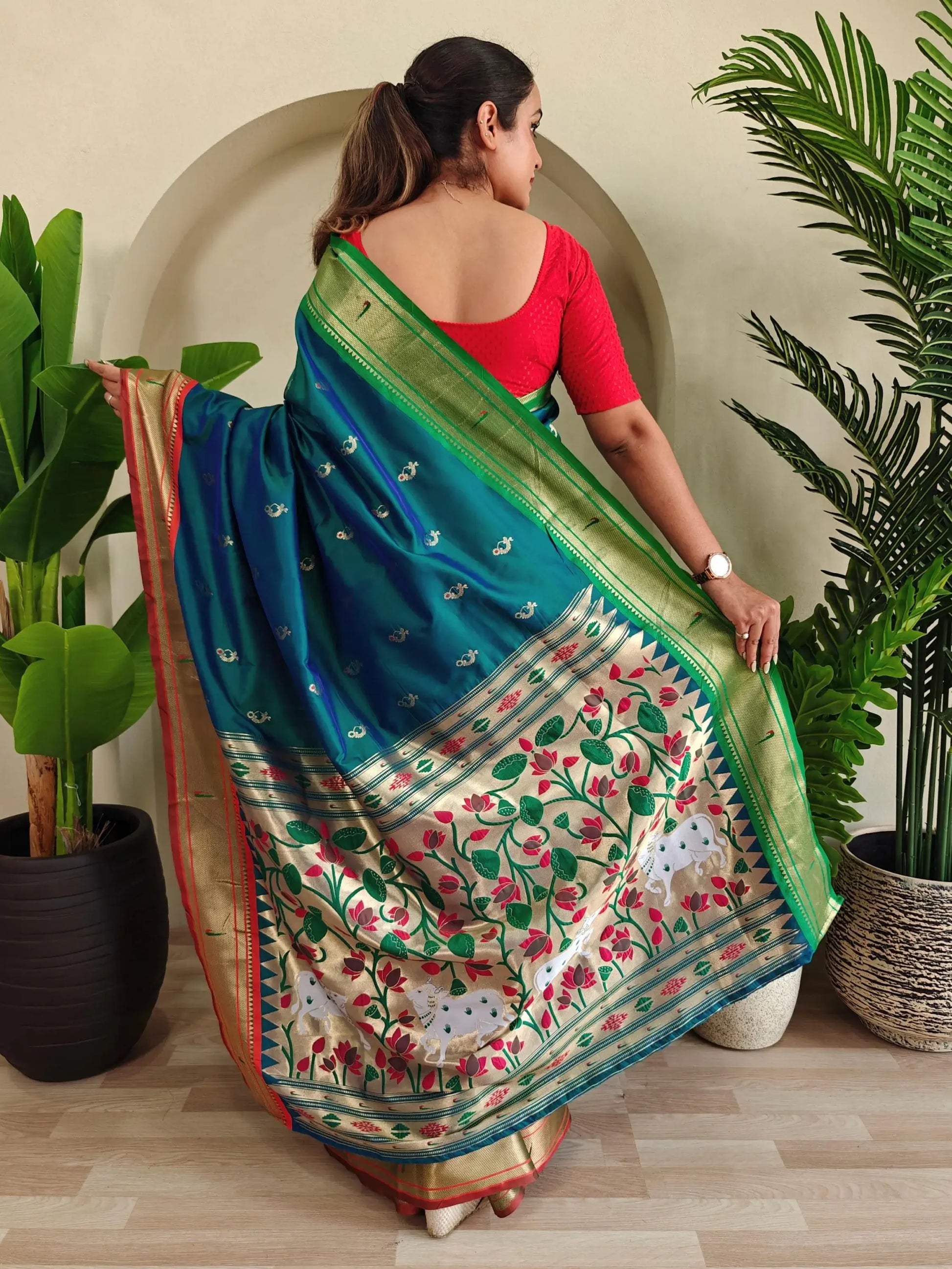 Delicate Teal Green Pichwai Printed Silk Function Wear Saree With Blouse - Zeel Clothing