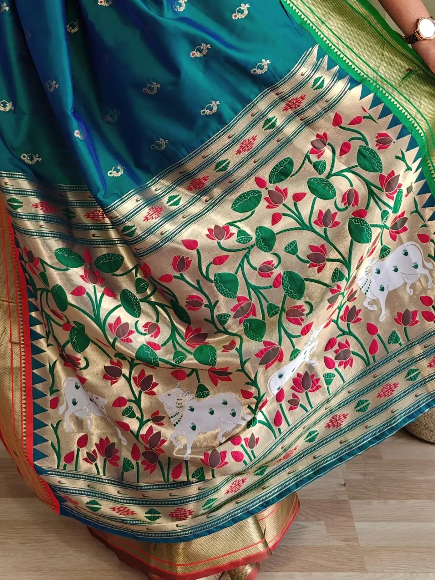 Delicate Teal Green Pichwai Printed Silk Function Wear Saree With Blouse - Zeel Clothing