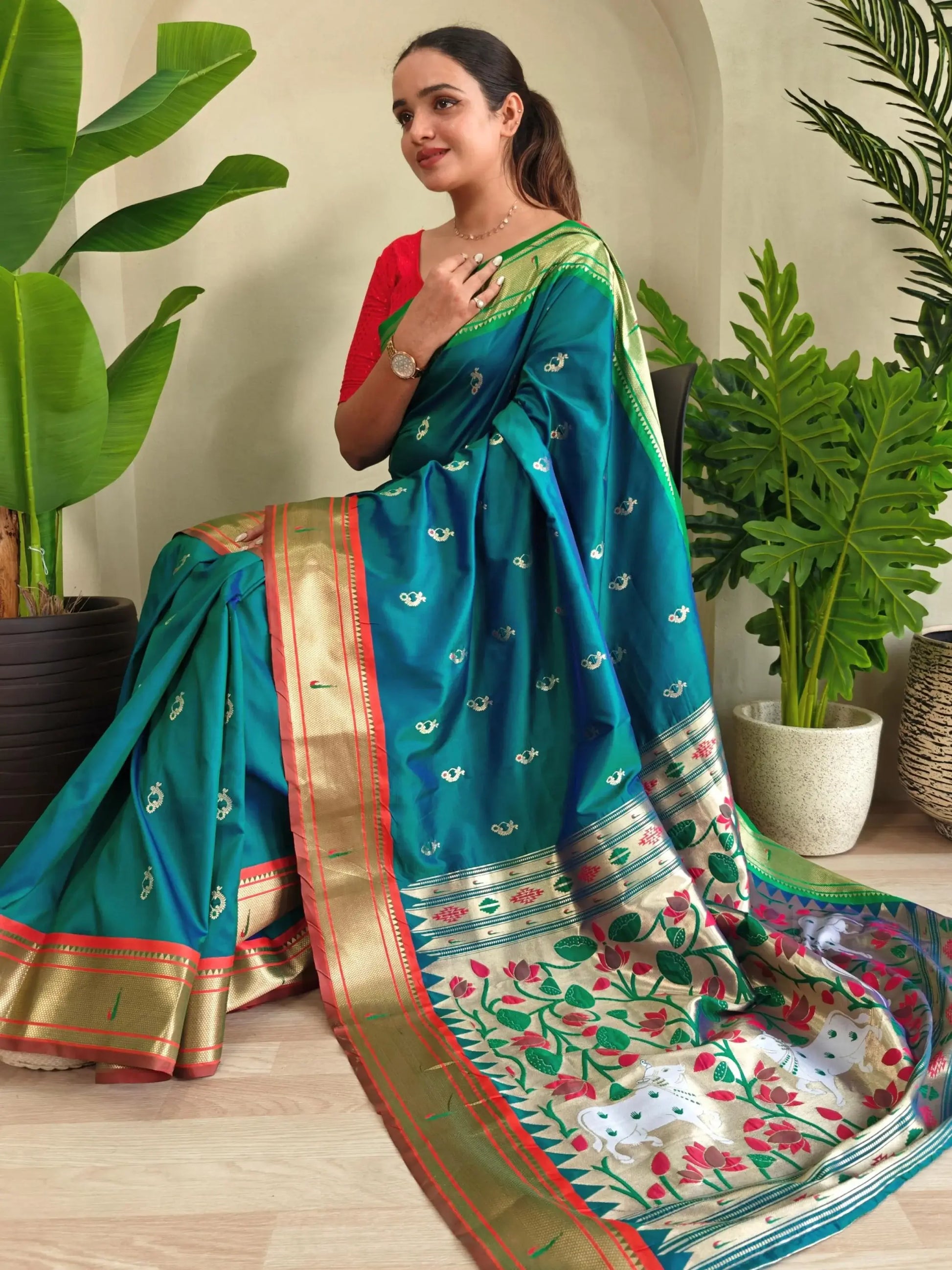 Delicate Teal Green Pichwai Printed Silk Function Wear Saree With Blouse - Zeel Clothing