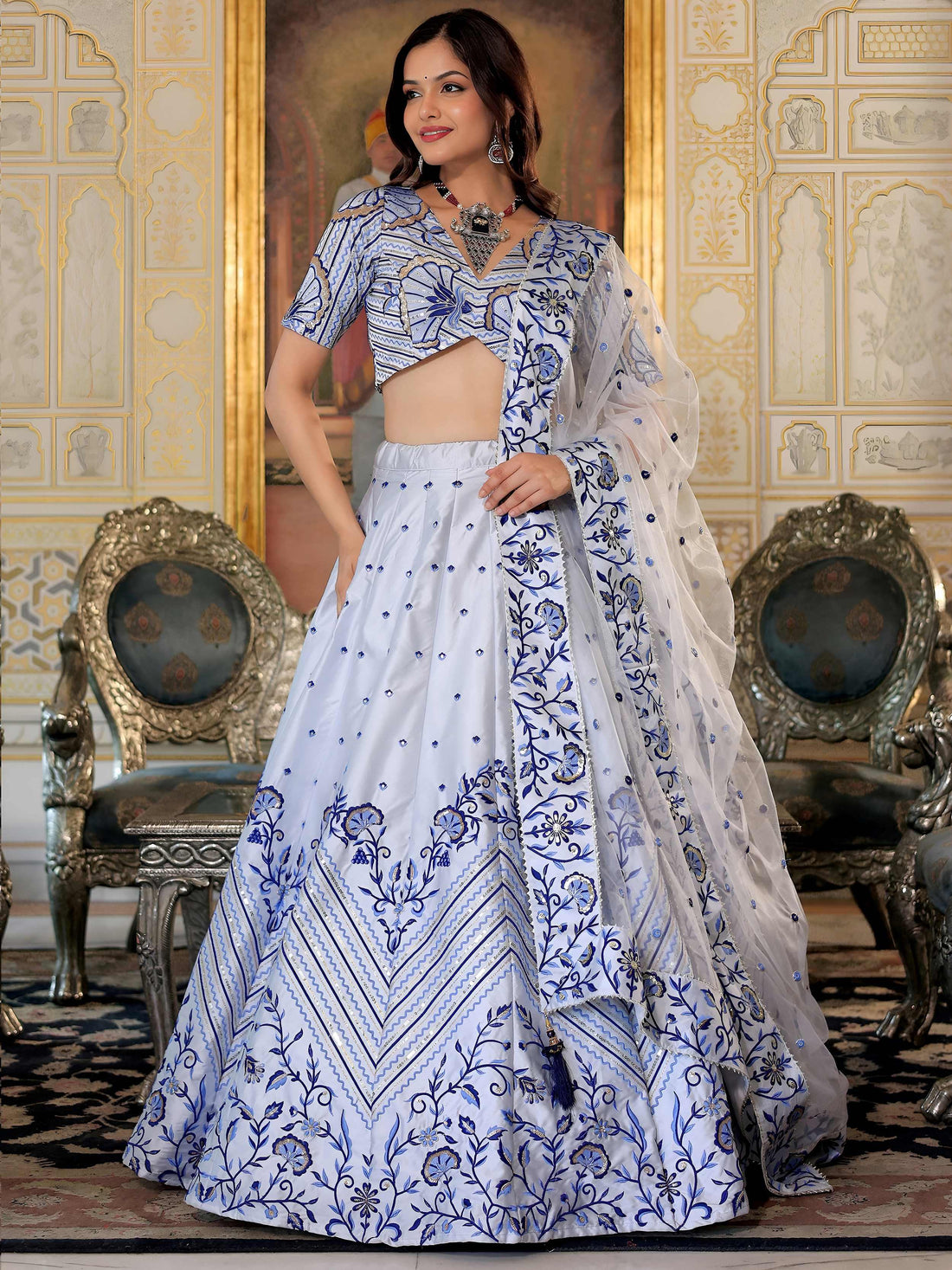 Delicate White Thread Work Satin Wedding Wear Lehenga Choli With Dupatta