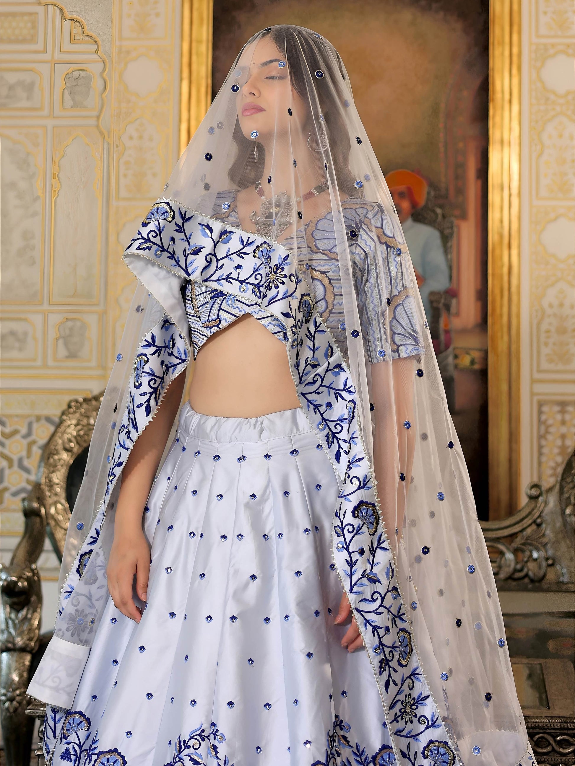 Delicate White Thread Work Satin Wedding Wear Lehenga Choli With Dupatta