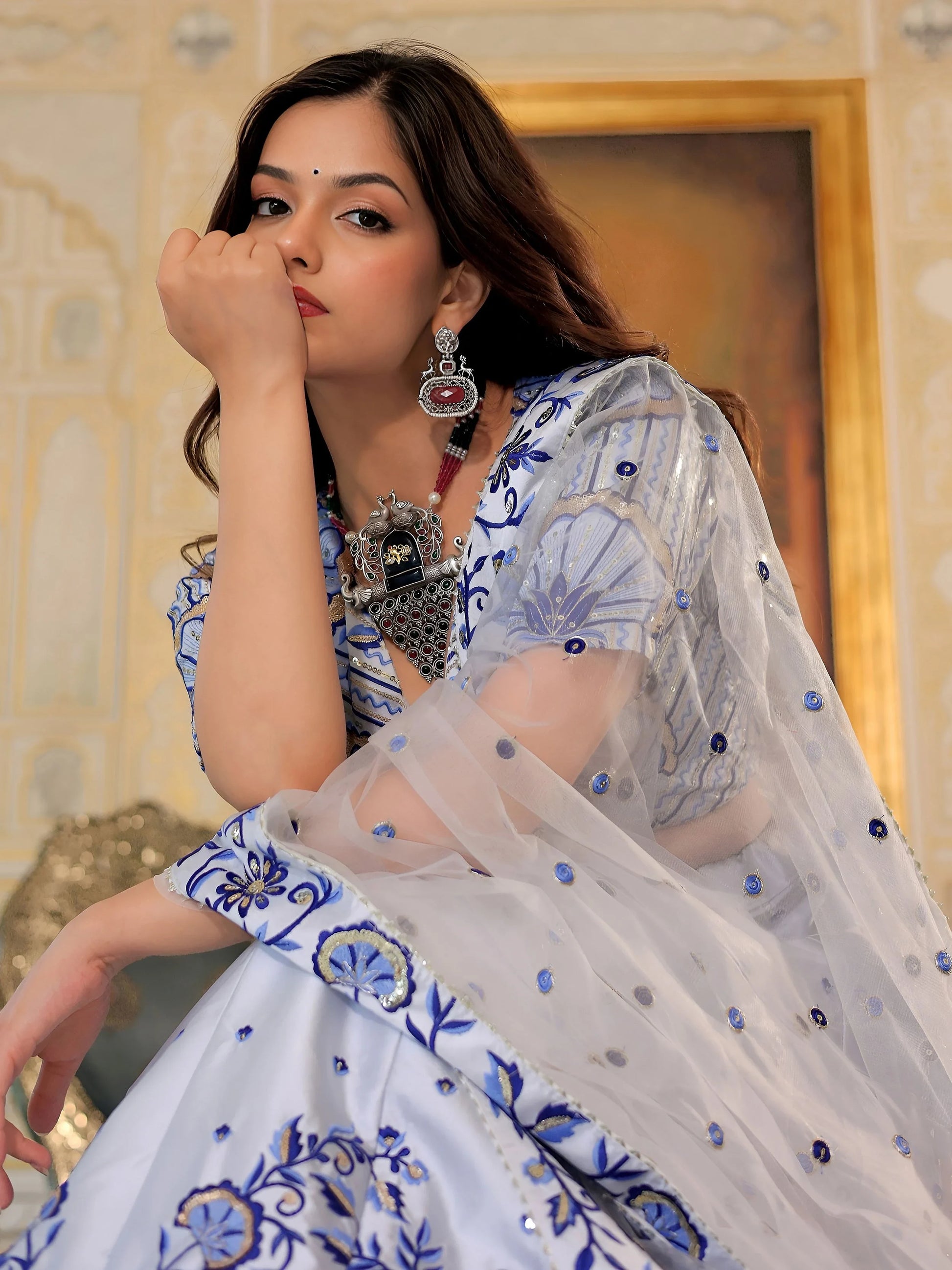 Delicate White Thread Work Satin Wedding Wear Lehenga Choli With Dupatta