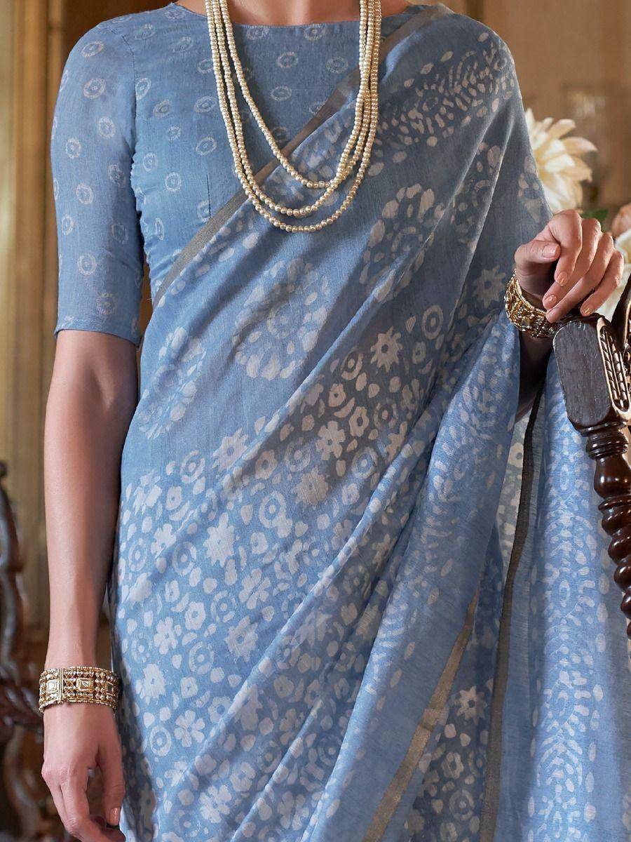 Delightful Aqua Blue Floral Printed Cotton Festival Wear Saree - Zeel Clothing