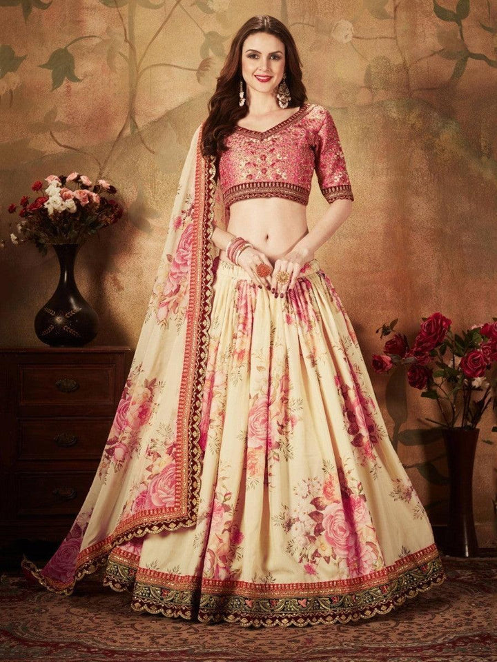 Delightful Beige-Peach Floral Print Organza Wedding Wear Lehenga Choli