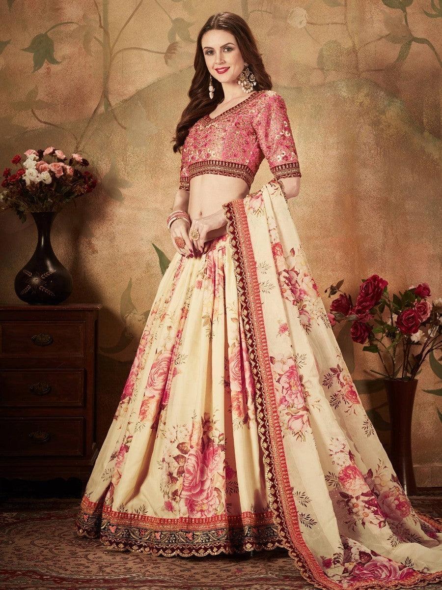 Delightful Beige-Peach Floral Print Organza Wedding Wear Lehenga Choli