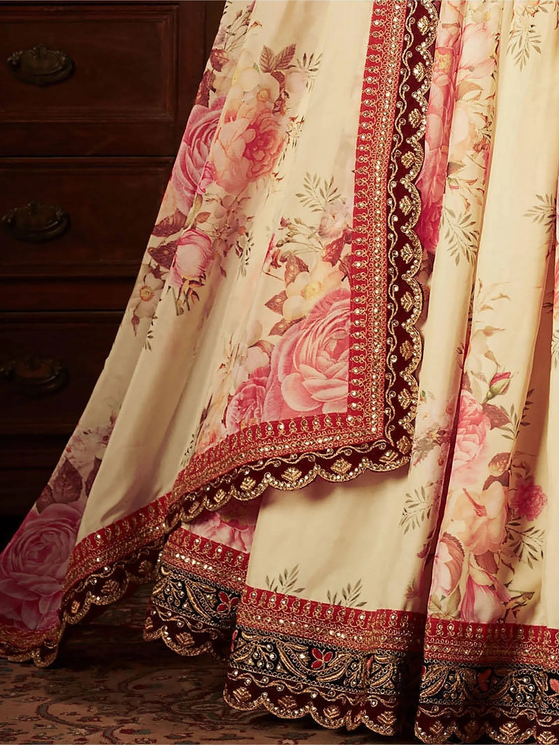 Delightful Beige-Peach Floral Print Organza Wedding Wear Lehenga Choli - Zeel Clothing