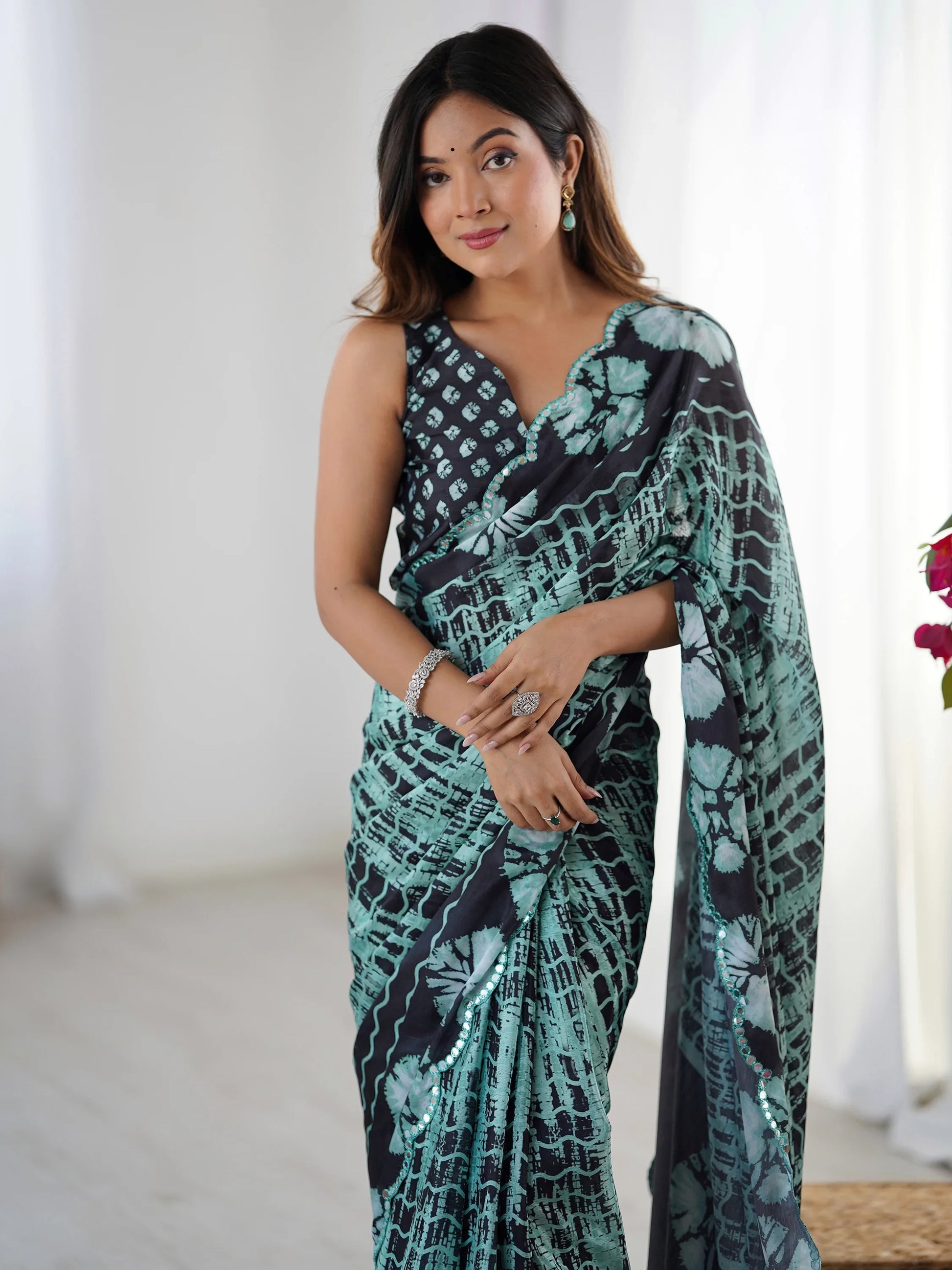 Delightful Black Digital Printed Chinon Festival Wear Saree With Blouse - Zeel Clothing