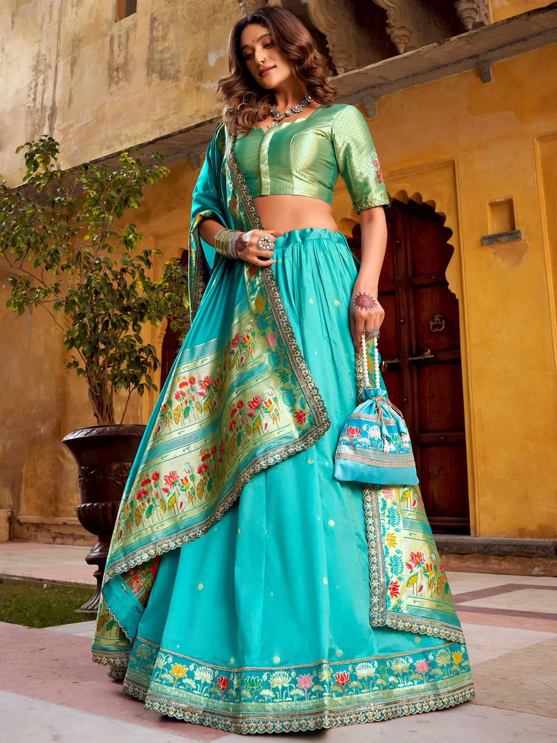 Delightful Blue Zari Work Silk Wedding Wear Lehenga With Dupatta  