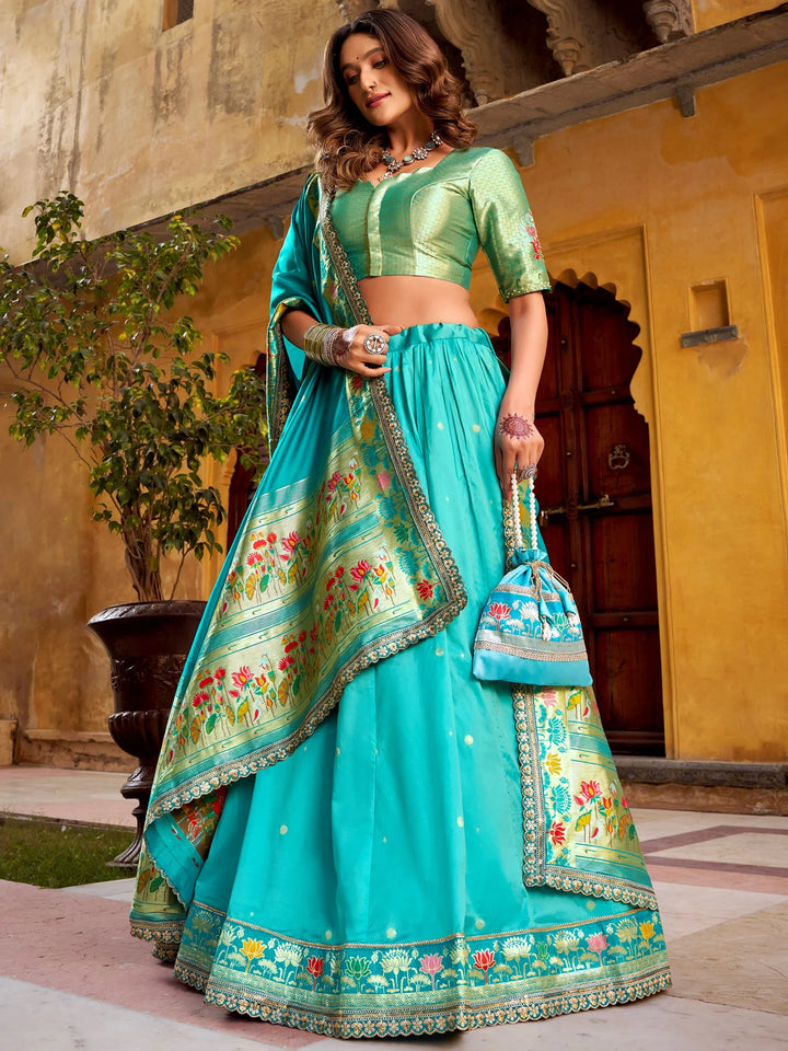 Delightful Blue Zari Work Silk Wedding Wear Lehenga With Dupatta  