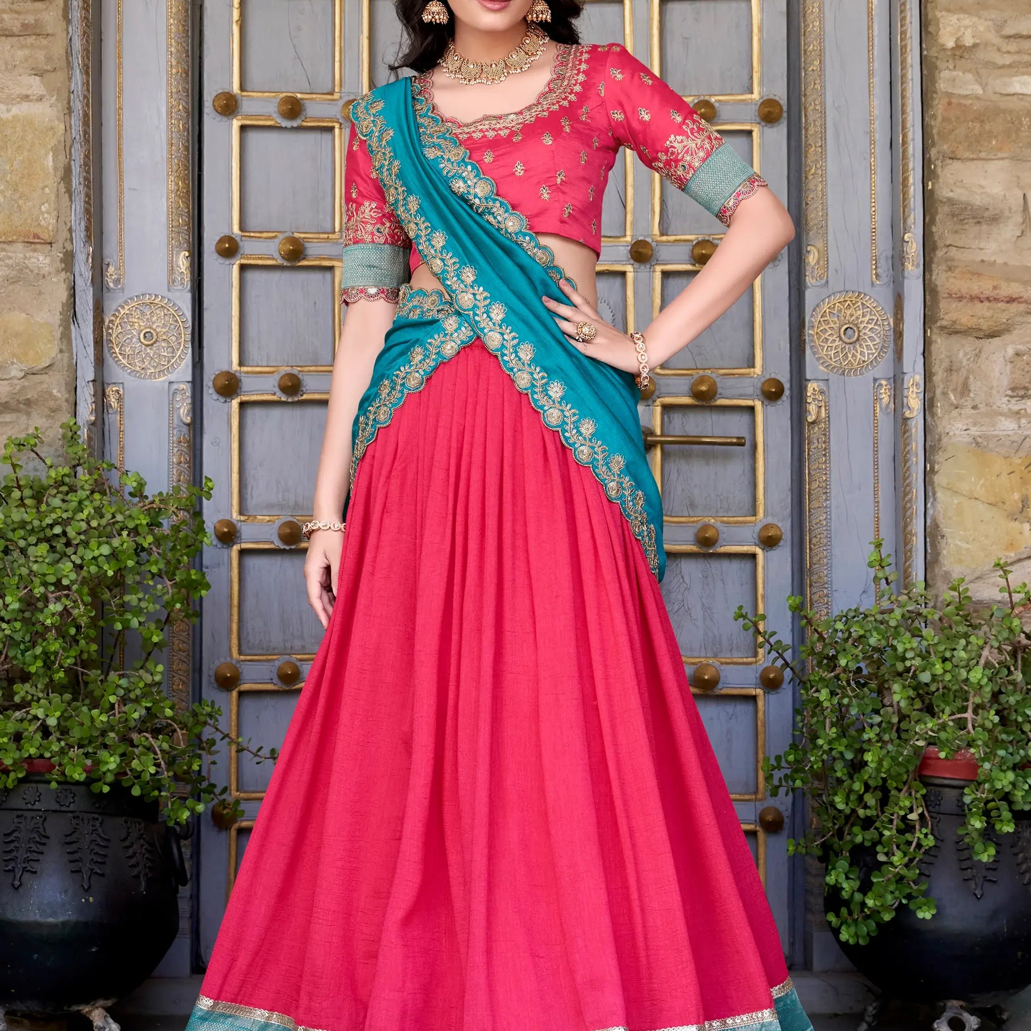 Delightful Blush Pink Zari Weaving Silk Event Wear Half Saree Lehenga - Zeel Clothing