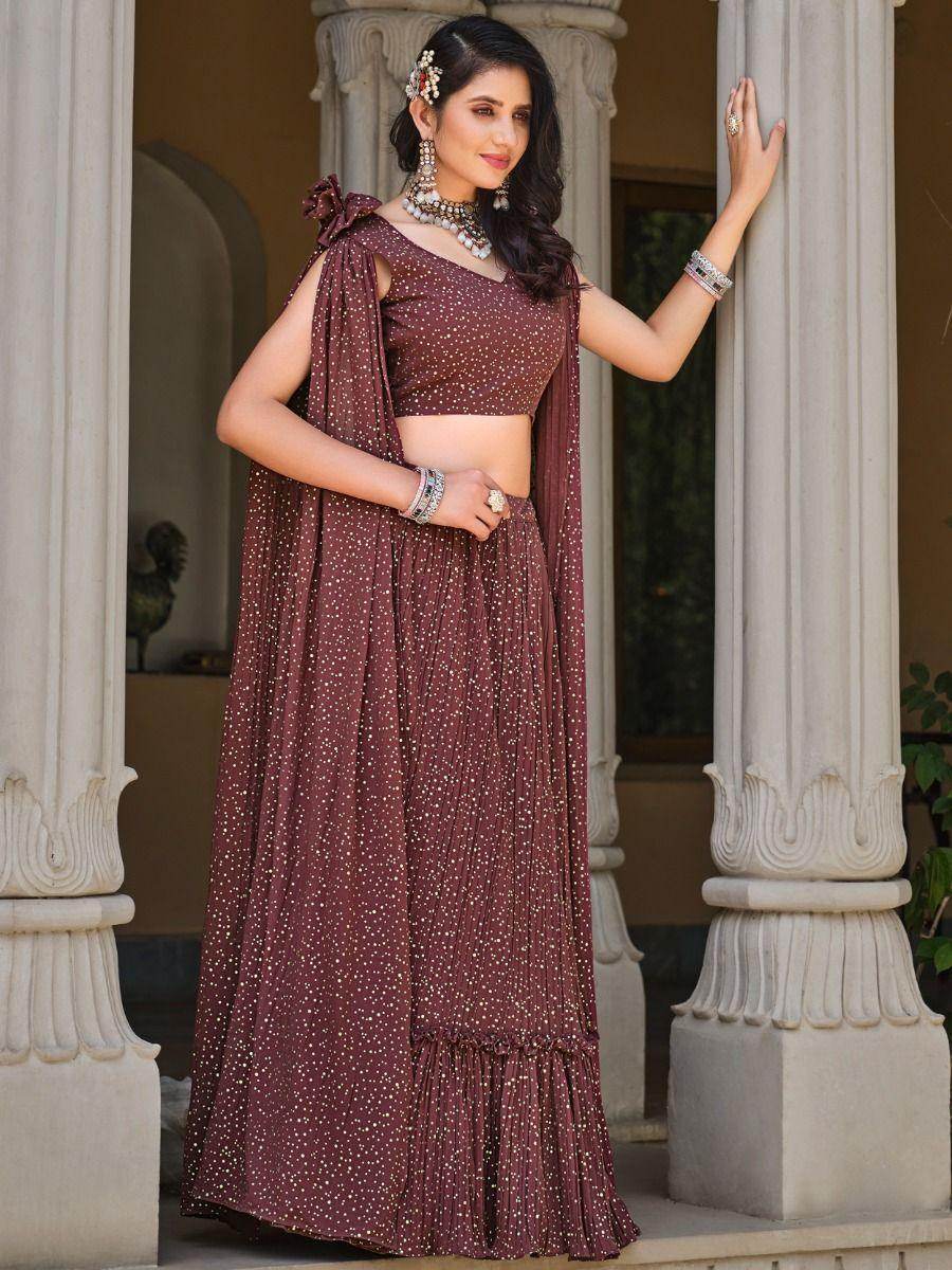 Delightful Brown Foil Work Georgette Cocktail Party Wear Lehenga Choli - Zeel Clothing