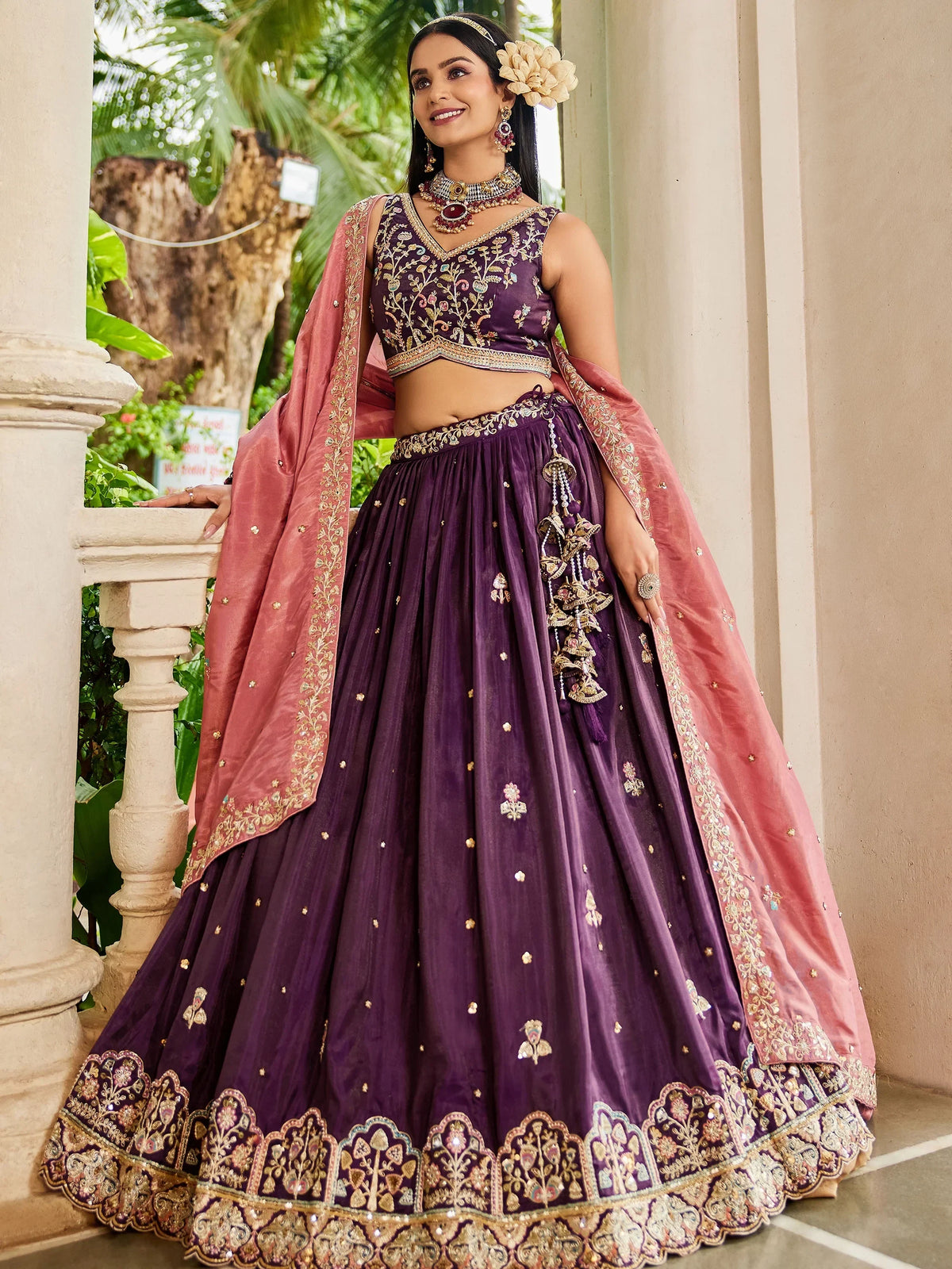 Delightful Burgundy Thread Embroidered Silk Wedding Lehenga Choli - Zeel Clothing