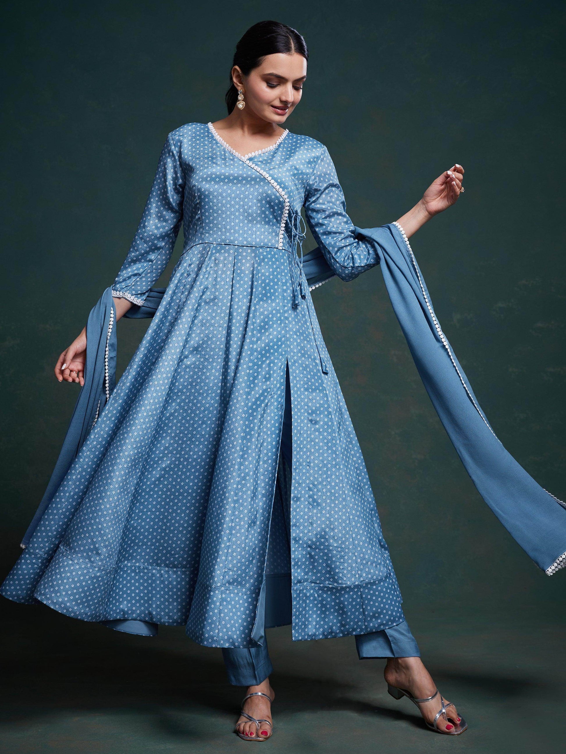 Delightful Dusty Blue Printed Chinon Salwar Suit With Dupatta - Zeel Clothing