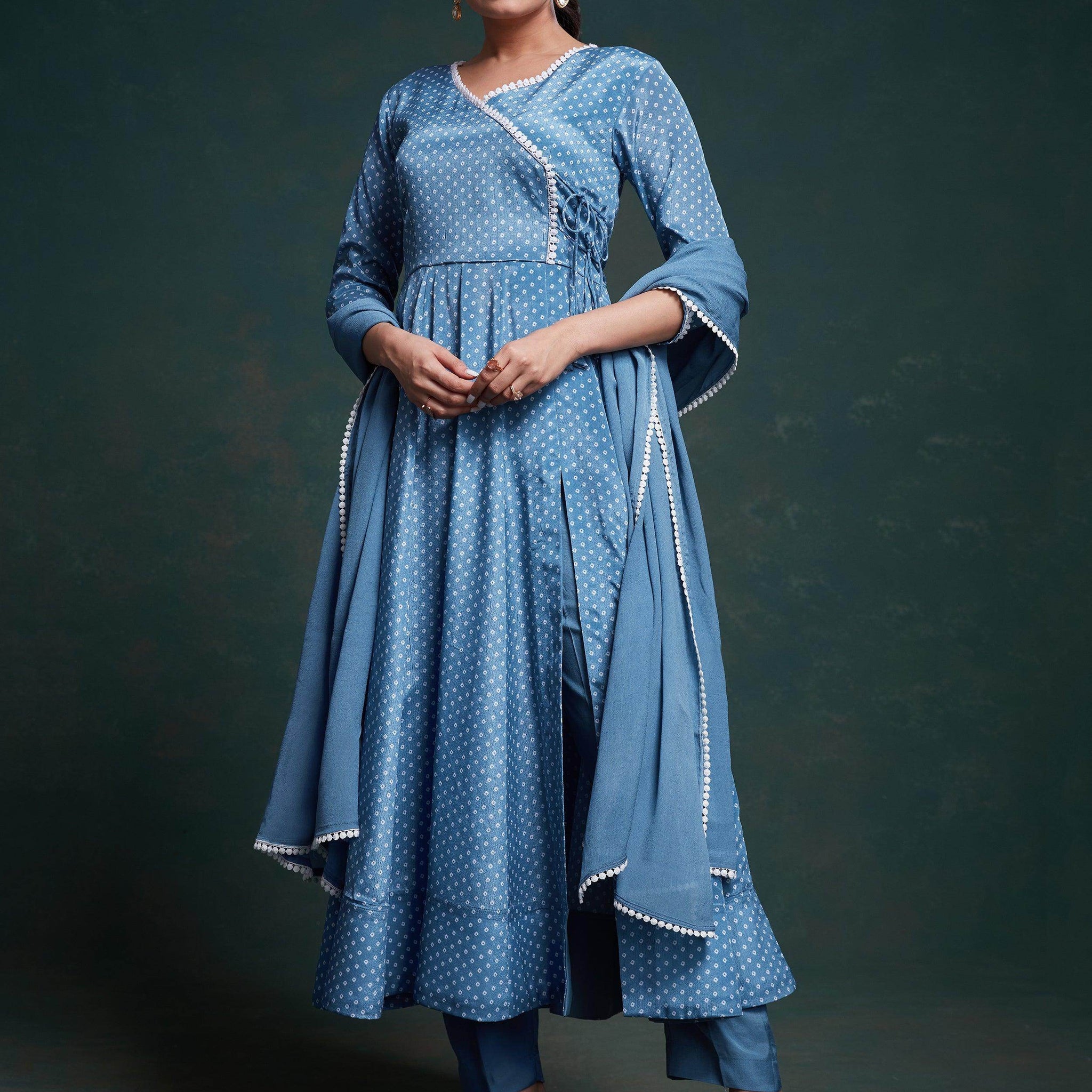 Delightful Dusty Blue Printed Chinon Salwar Suit With Dupatta - Zeel Clothing