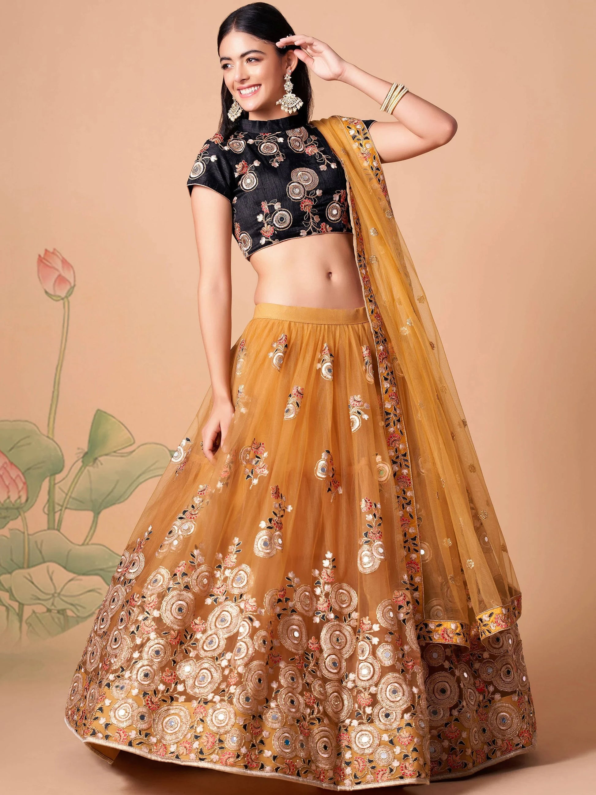 Delightful Gold Mirror Work Net Wedding Wear Lehenga Choli - Zeel Clothing