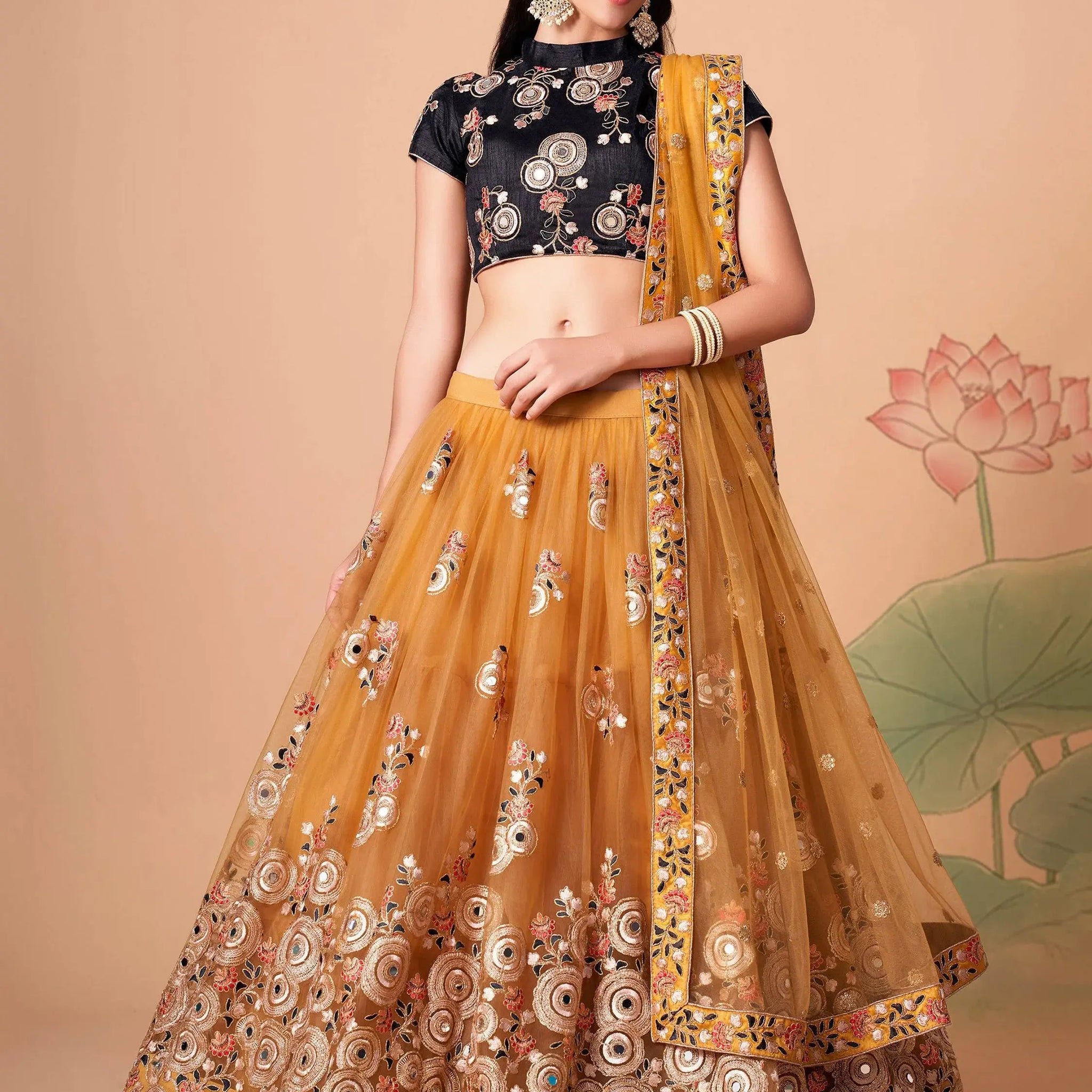 Delightful Gold Mirror Work Net Wedding Wear Lehenga Choli - Zeel Clothing
