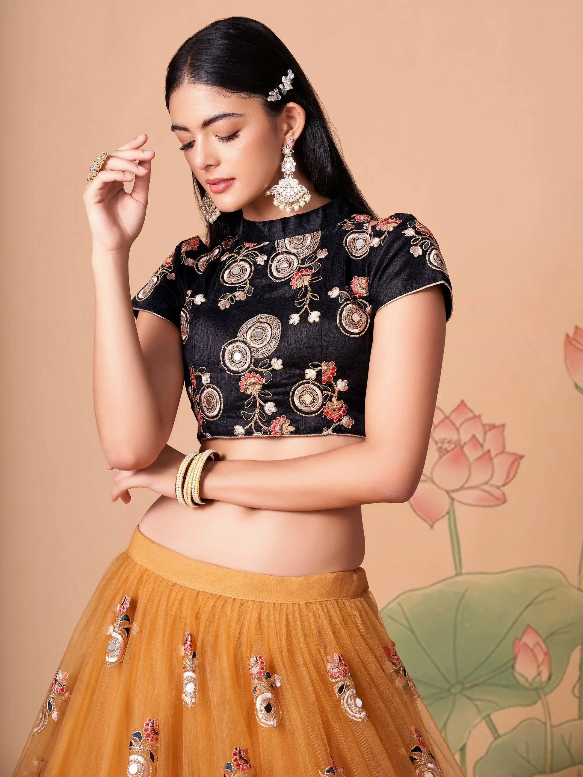 Delightful Gold Mirror Work Net Wedding Wear Lehenga Choli - Zeel Clothing