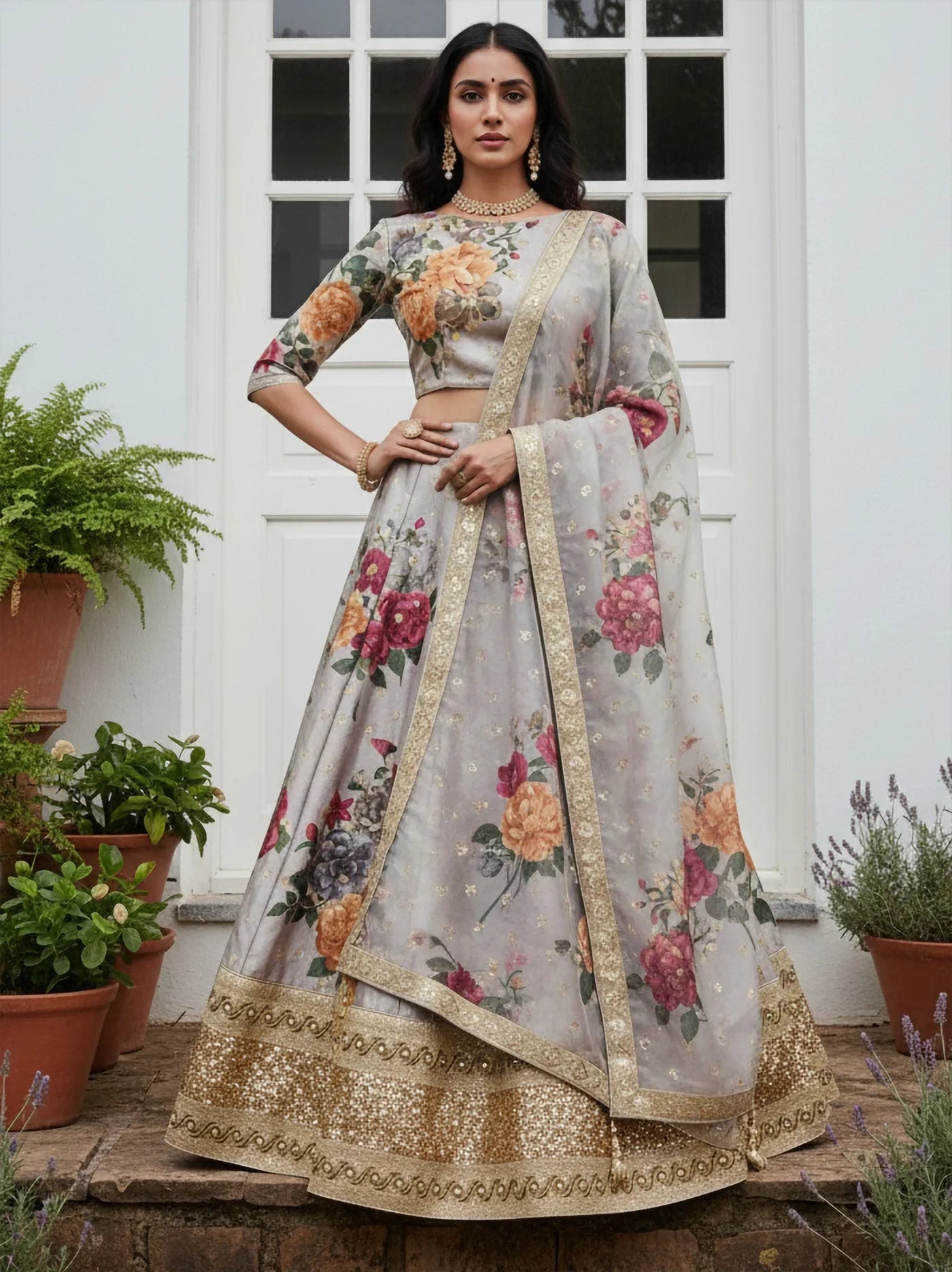 Delightful Gray Floral Printed Silk Event Wear Lehenga With Blouse