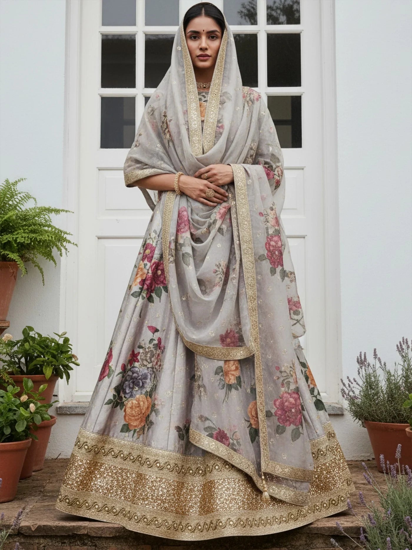Delightful Gray Floral Printed Silk Event Wear Lehenga With Blouse