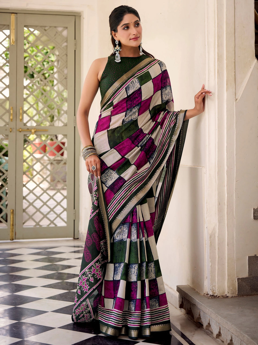 delightful Green Digital Printed Polyester Office Wear Saree With Blouse