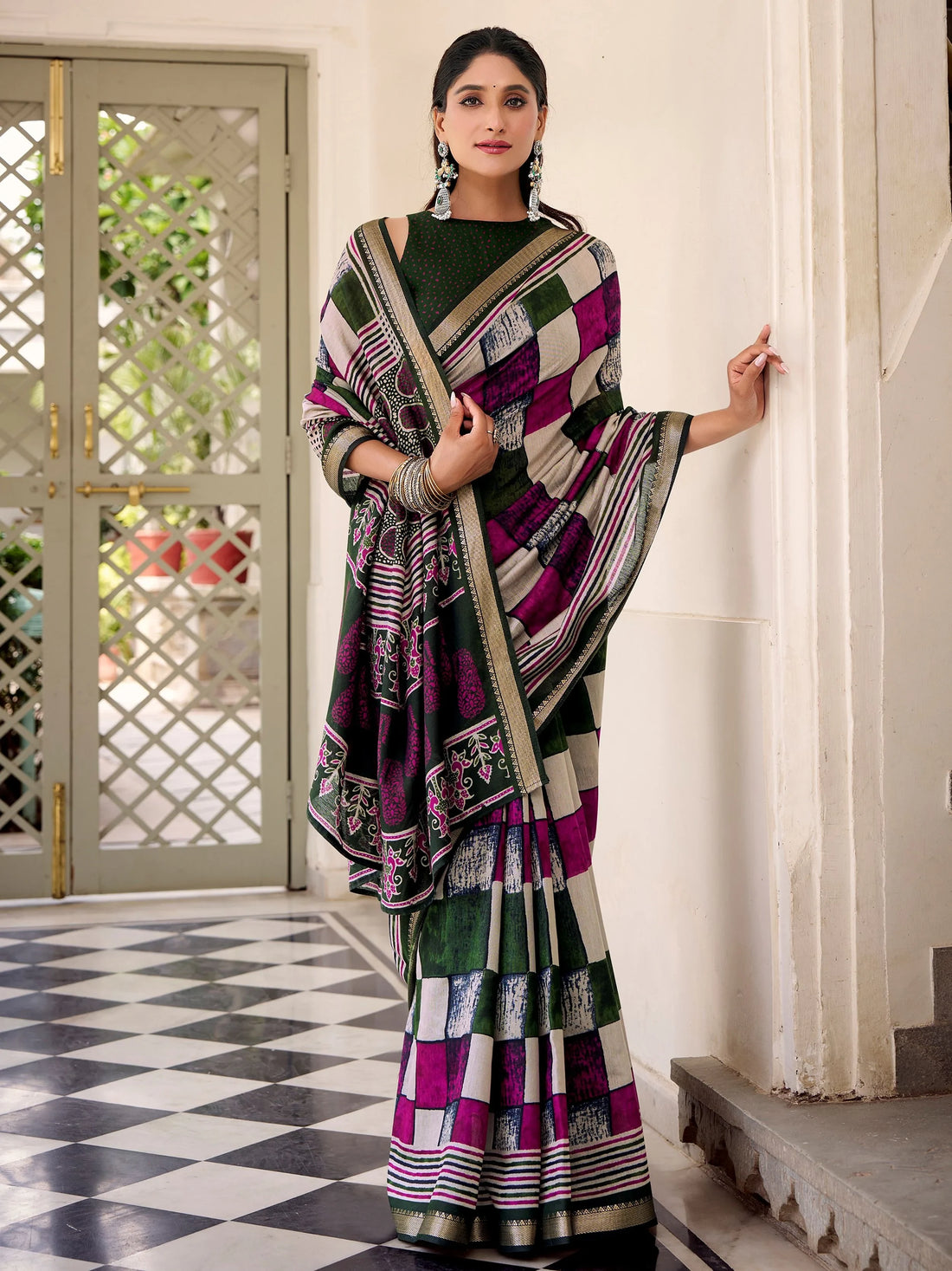 delightful Green Digital Printed Polyester Office Wear Saree With Blouse