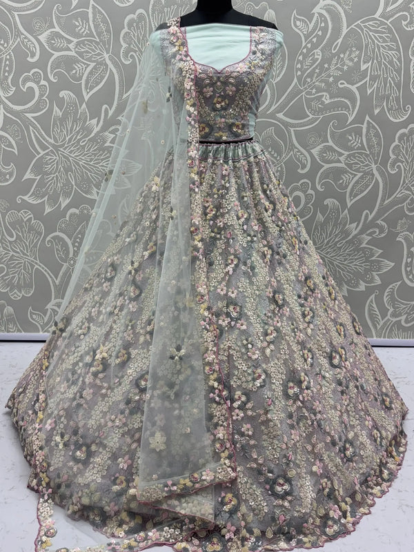 Delightful Green Thread Embroidered Net Designer Lehenga Choli With Dupatta - Zeel Clothing