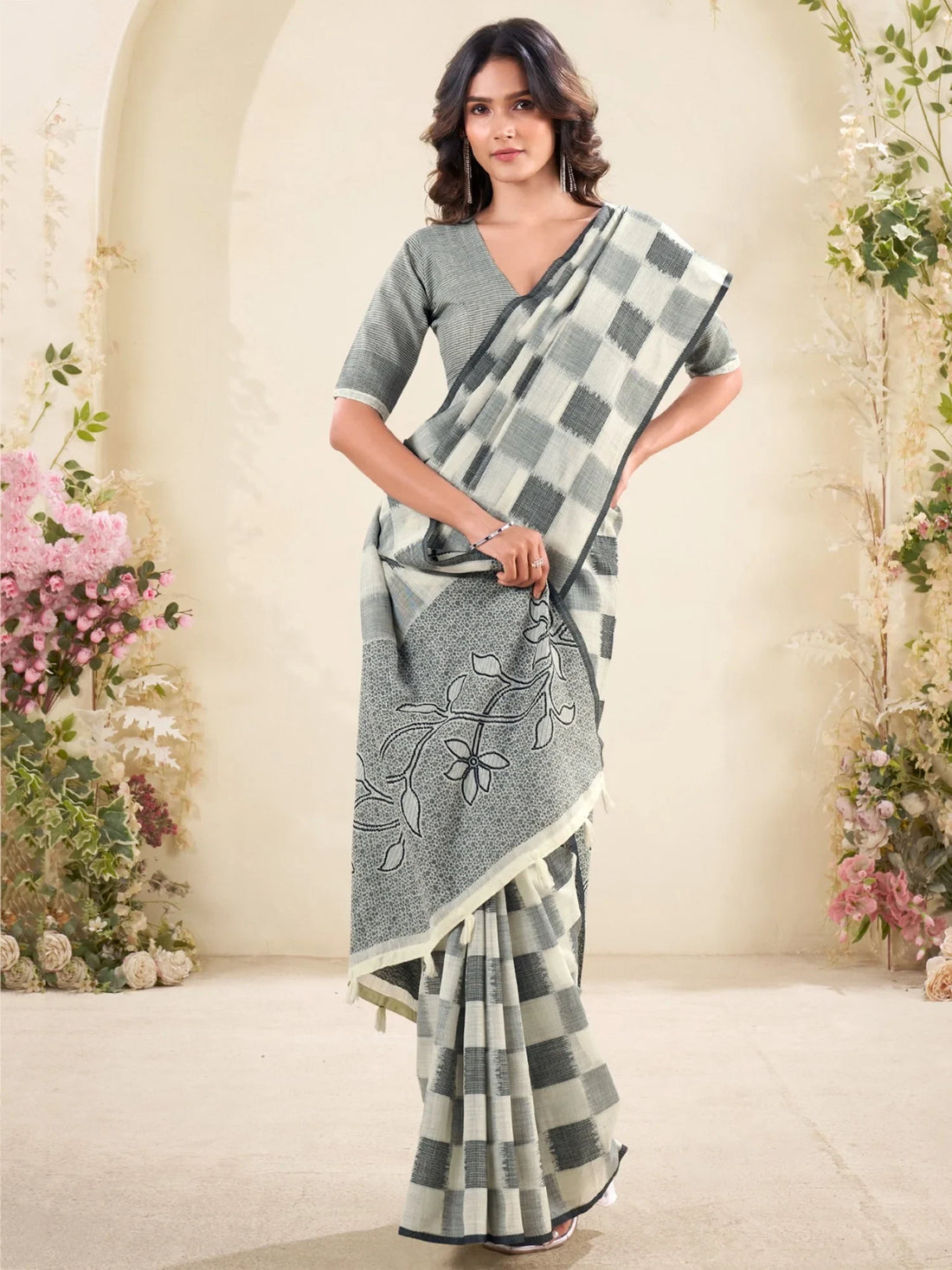 Delightful Grey Checks Printed Linen Office Wear Saree With Blouse