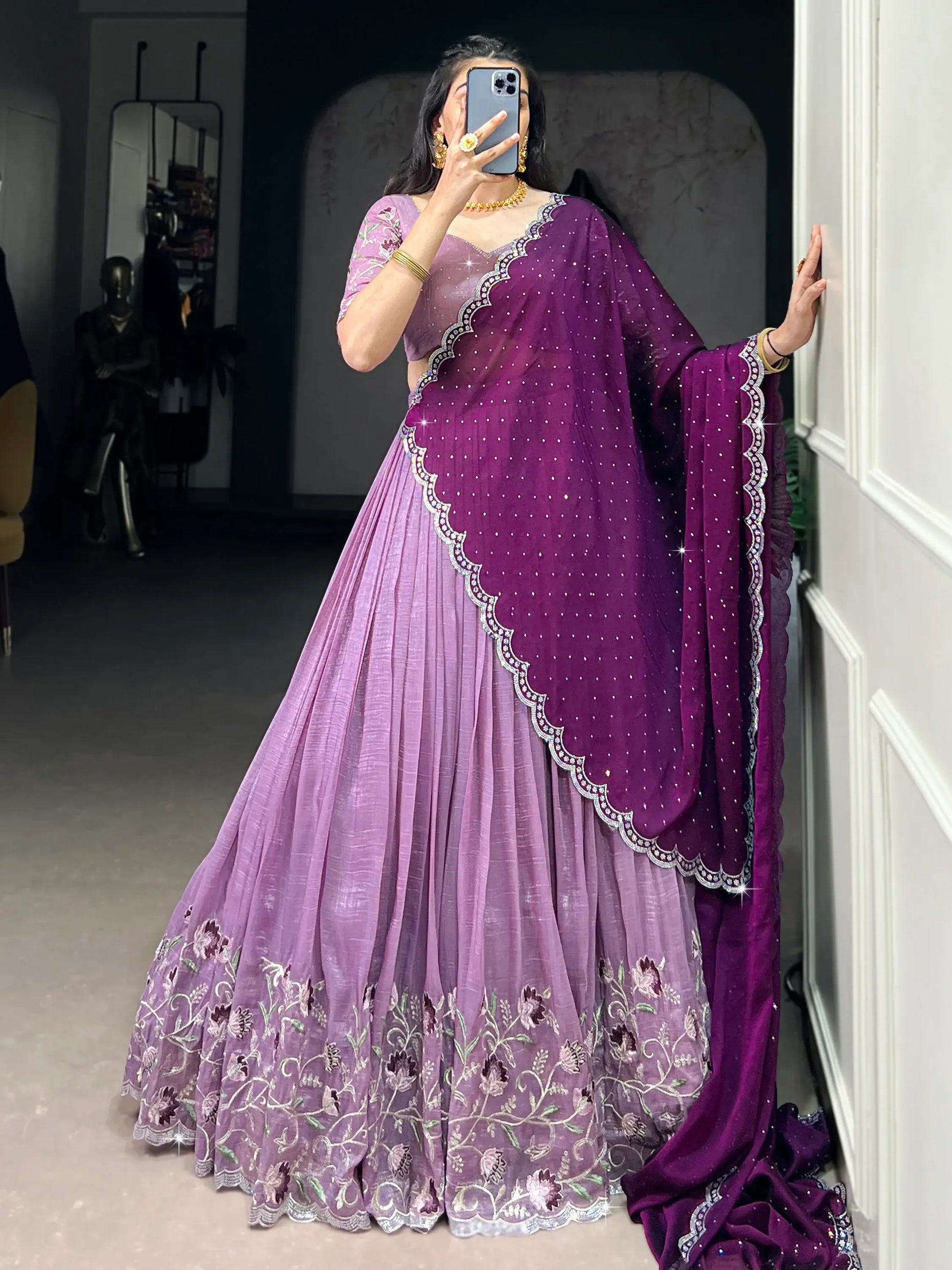 Delightful Lavender Thread Work Organza Event Wear Lehenga Choli - Zeel Clothing