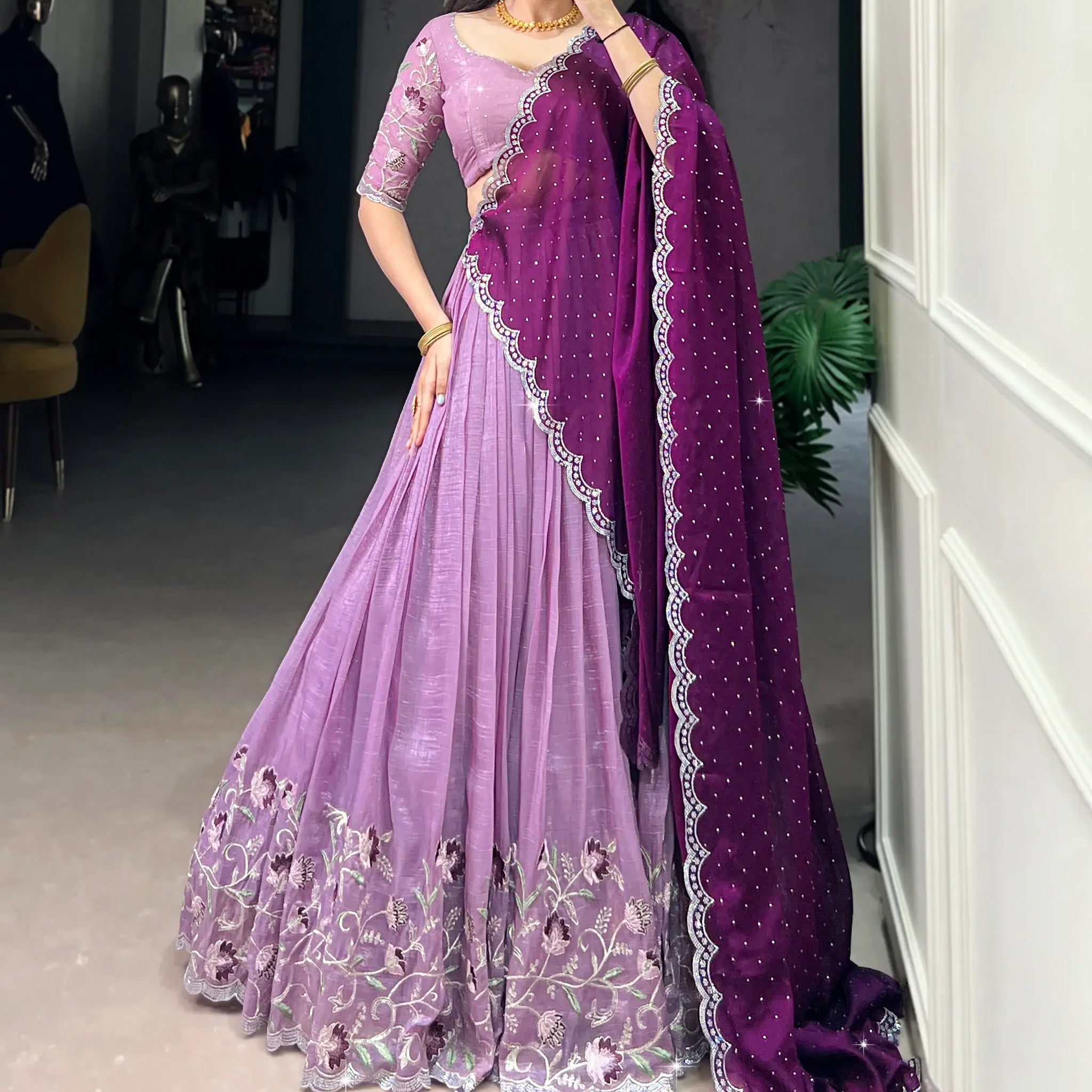 Delightful Lavender Thread Work Organza Event Wear Lehenga Choli - Zeel Clothing