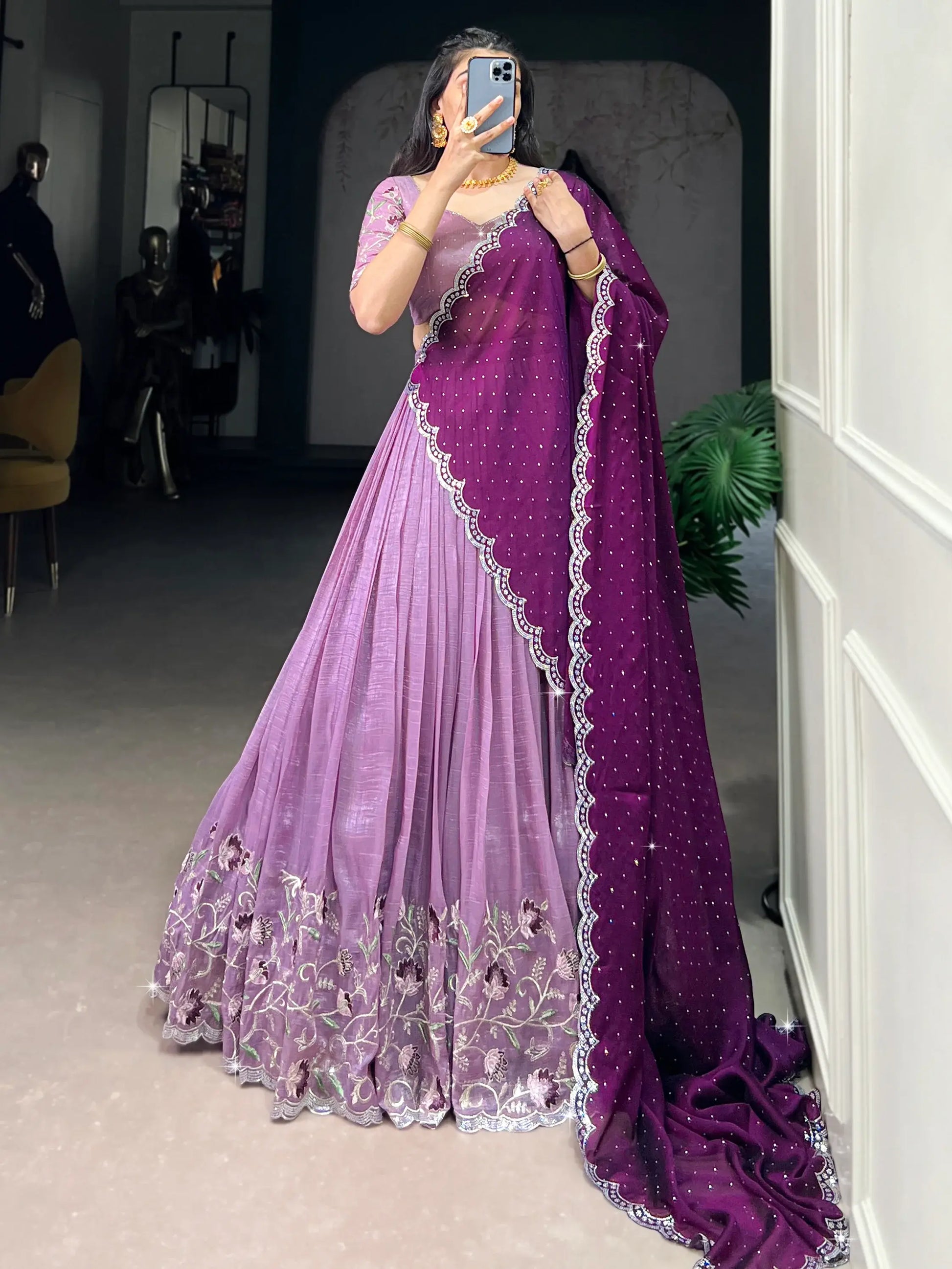 Delightful Lavender Thread Work Organza Event Wear Lehenga Choli - Zeel Clothing