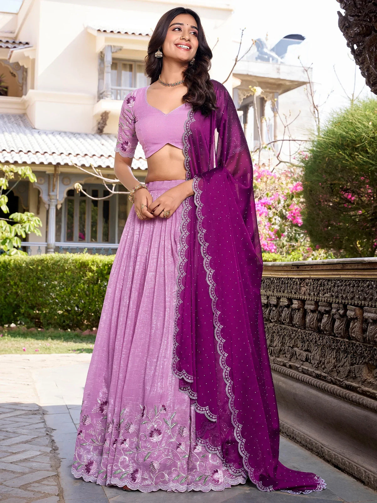 Delightful Lavender Thread Work Organza Traditional Lehenga Choli - Zeel Clothing