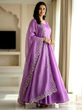 Delightful Lavender Zari Embroidered Silk Engagement Wear Gown With Dupatta