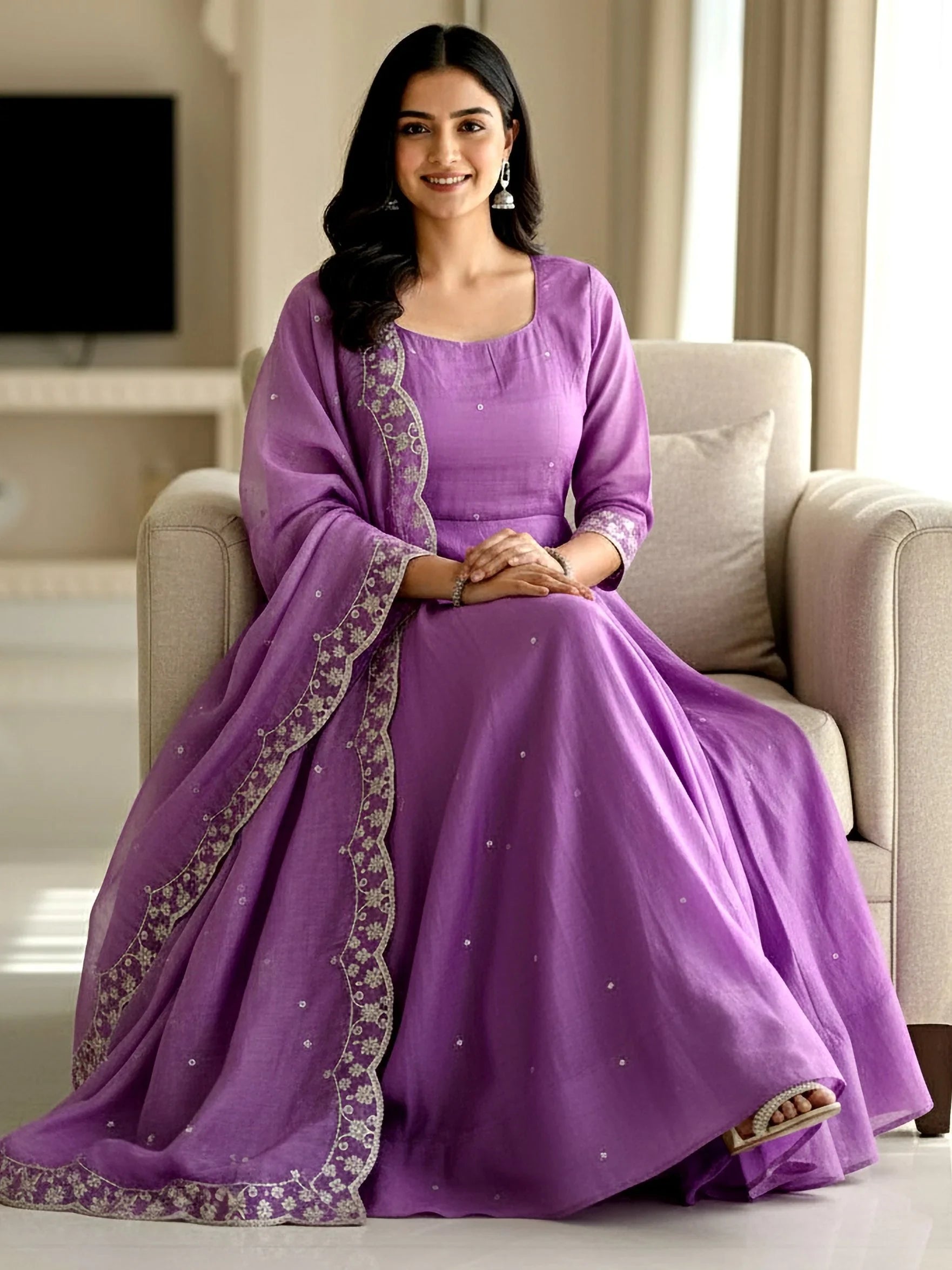 Delightful Lavender Zari Embroidered Silk Engagement Wear Gown With Dupatta