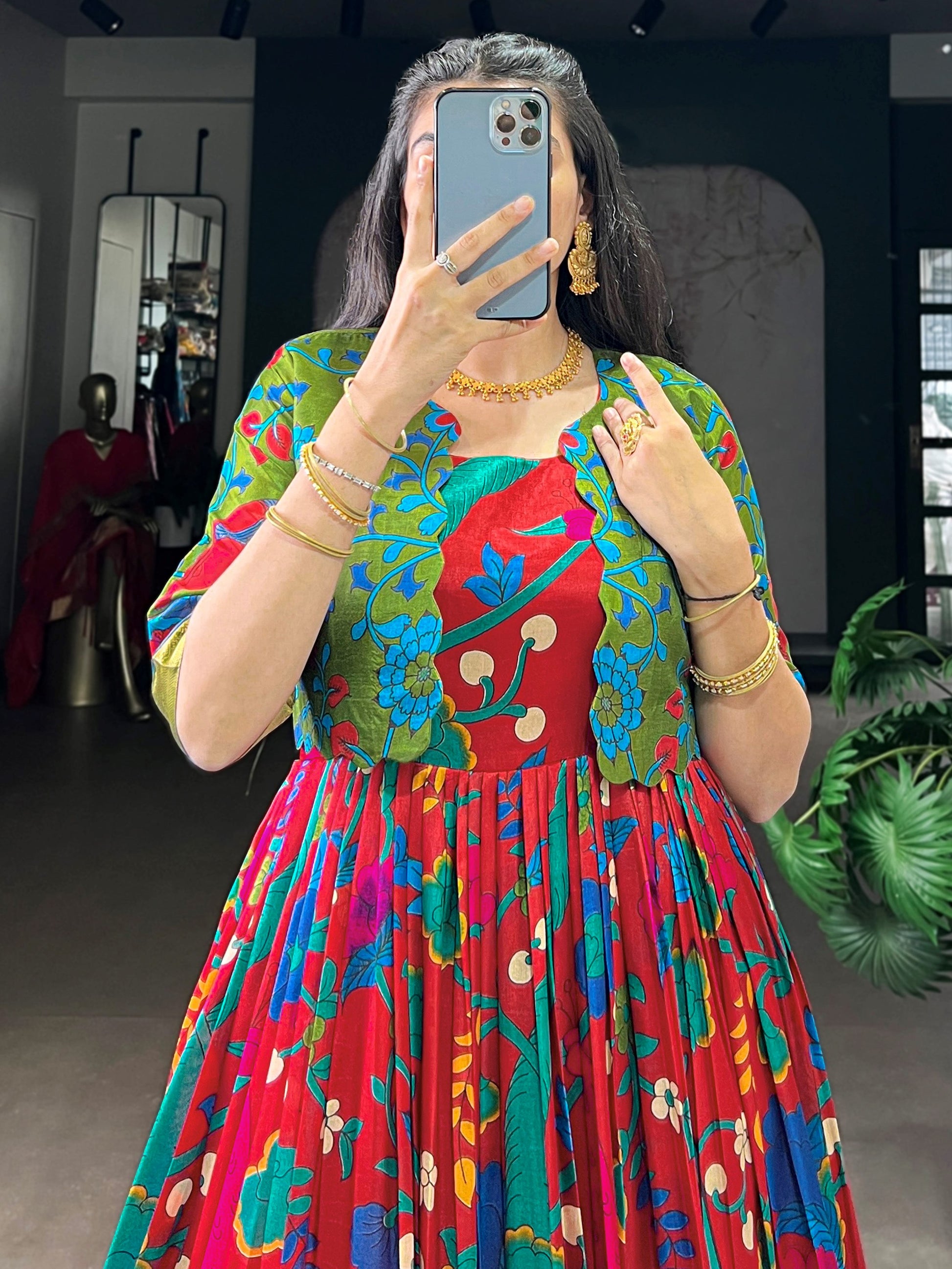 Delightful Maroon Kalamkari Print Tussar Silk Marriage Wear Gown With Jacket