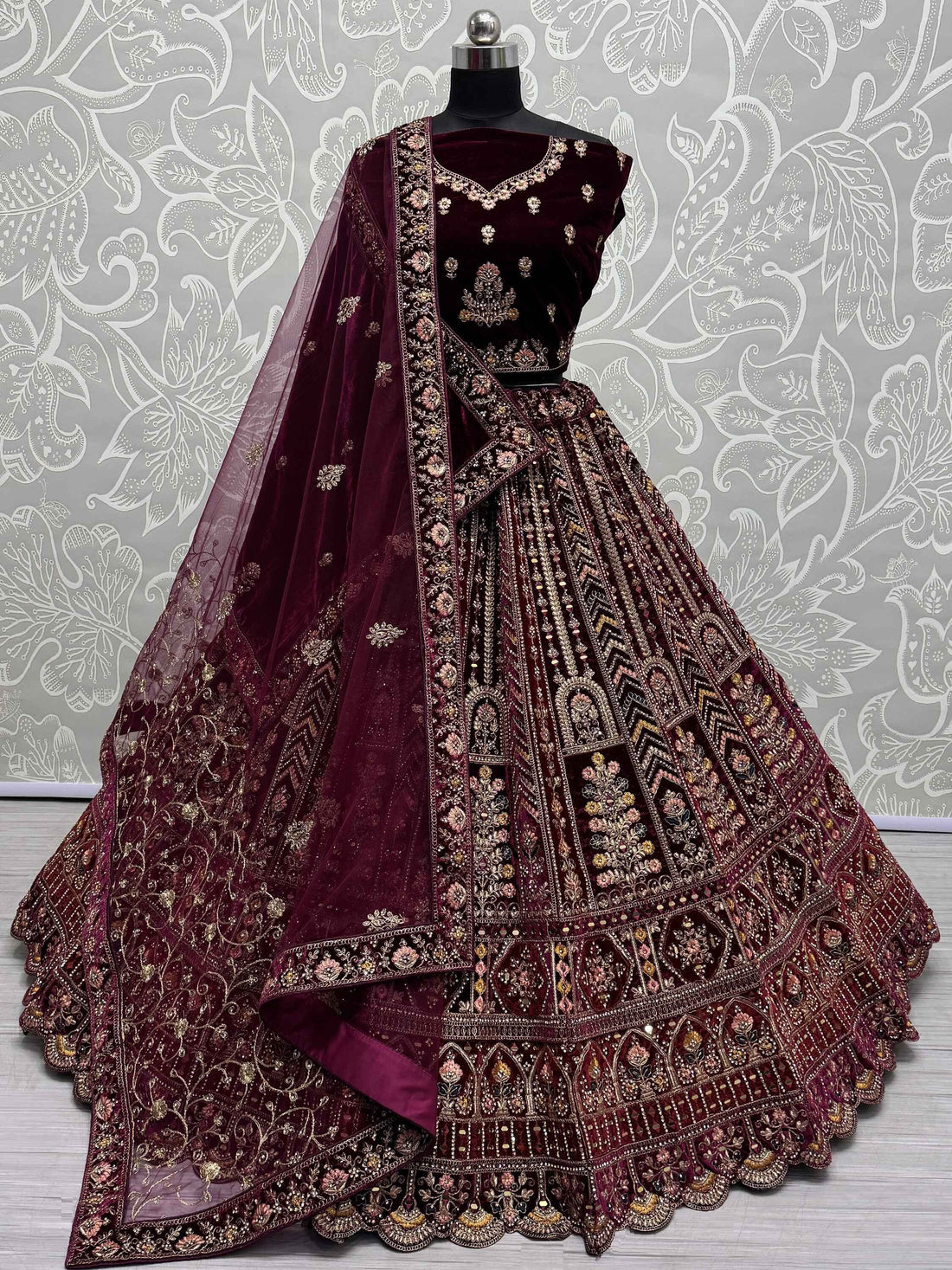 Delightful Maroon Velvet Bridal Lehenga Choli With Double Dupatta - Zeel Clothing