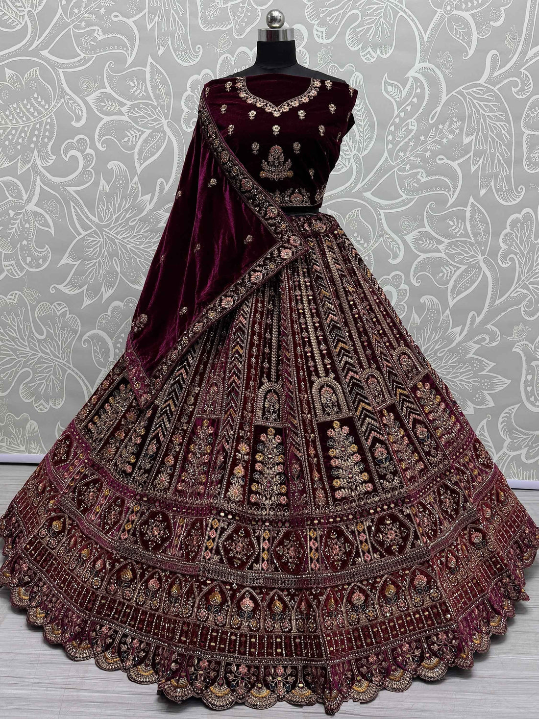 Delightful Maroon Velvet Bridal Lehenga Choli With Double Dupatta - Zeel Clothing