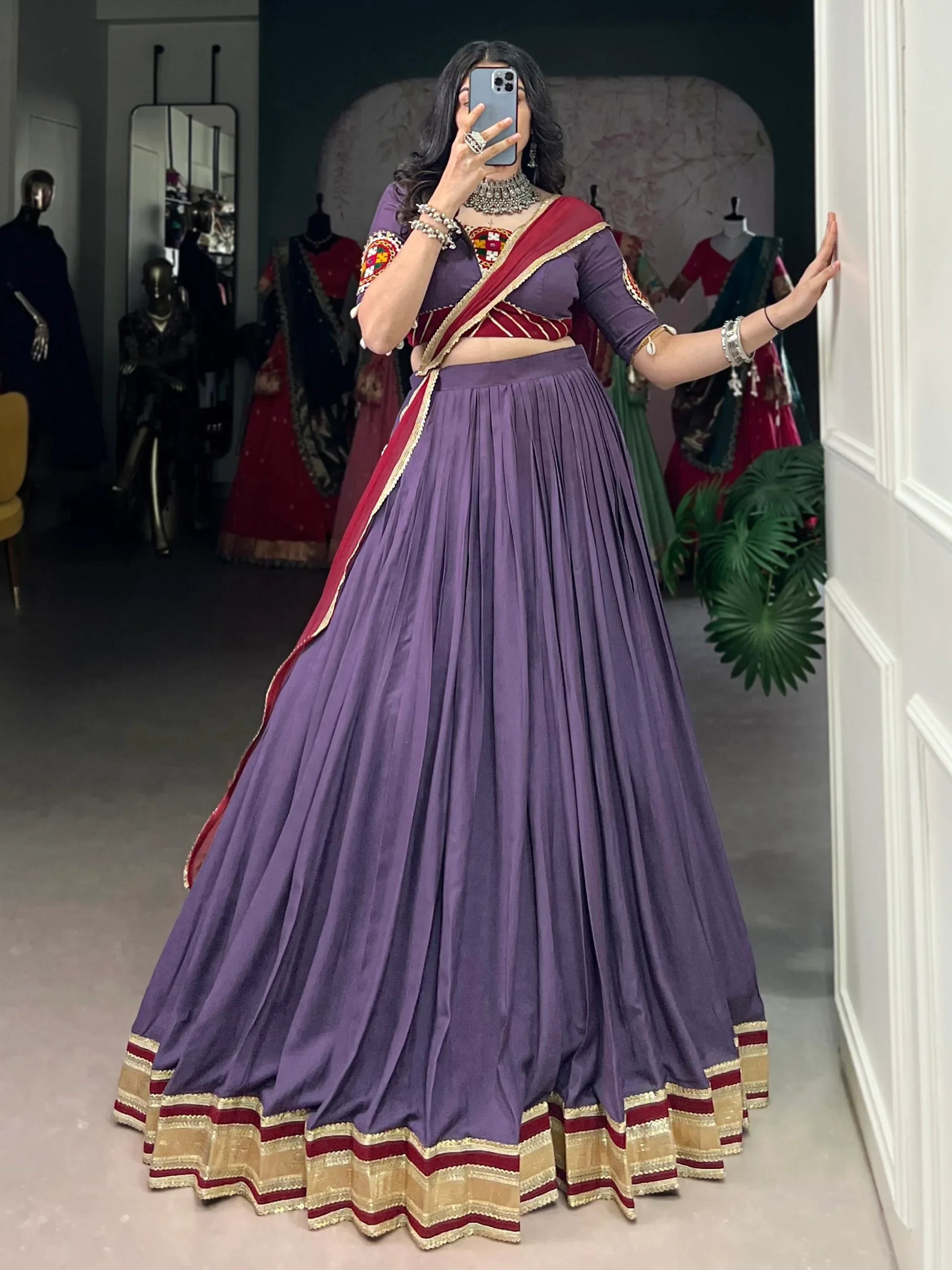 Delightful Mauve Rayon Festive Wear Lehenga With Gamthi Work Blouse - Zeel Clothing