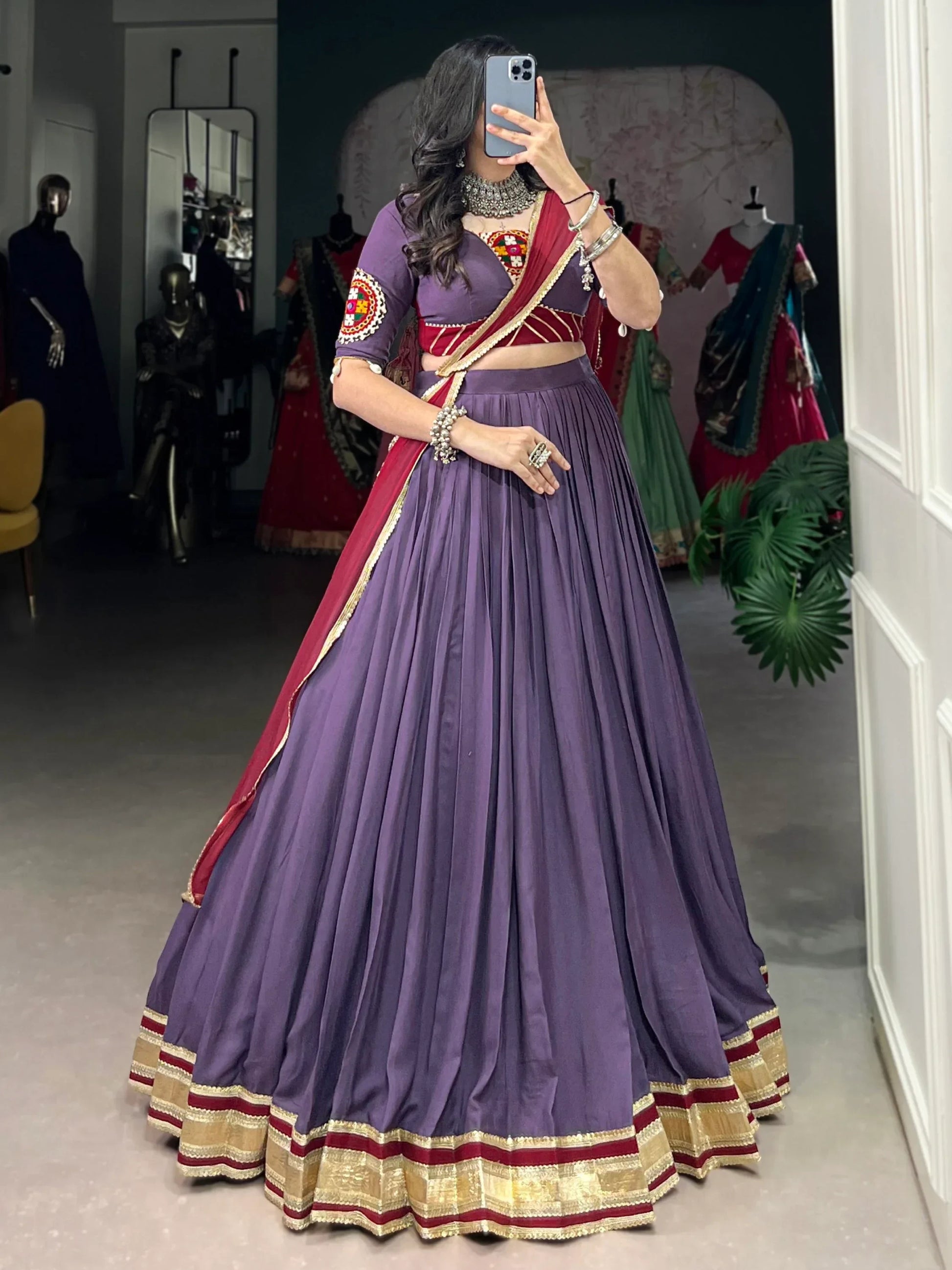 Delightful Mauve Rayon Festive Wear Lehenga With Gamthi Work Blouse - Zeel Clothing