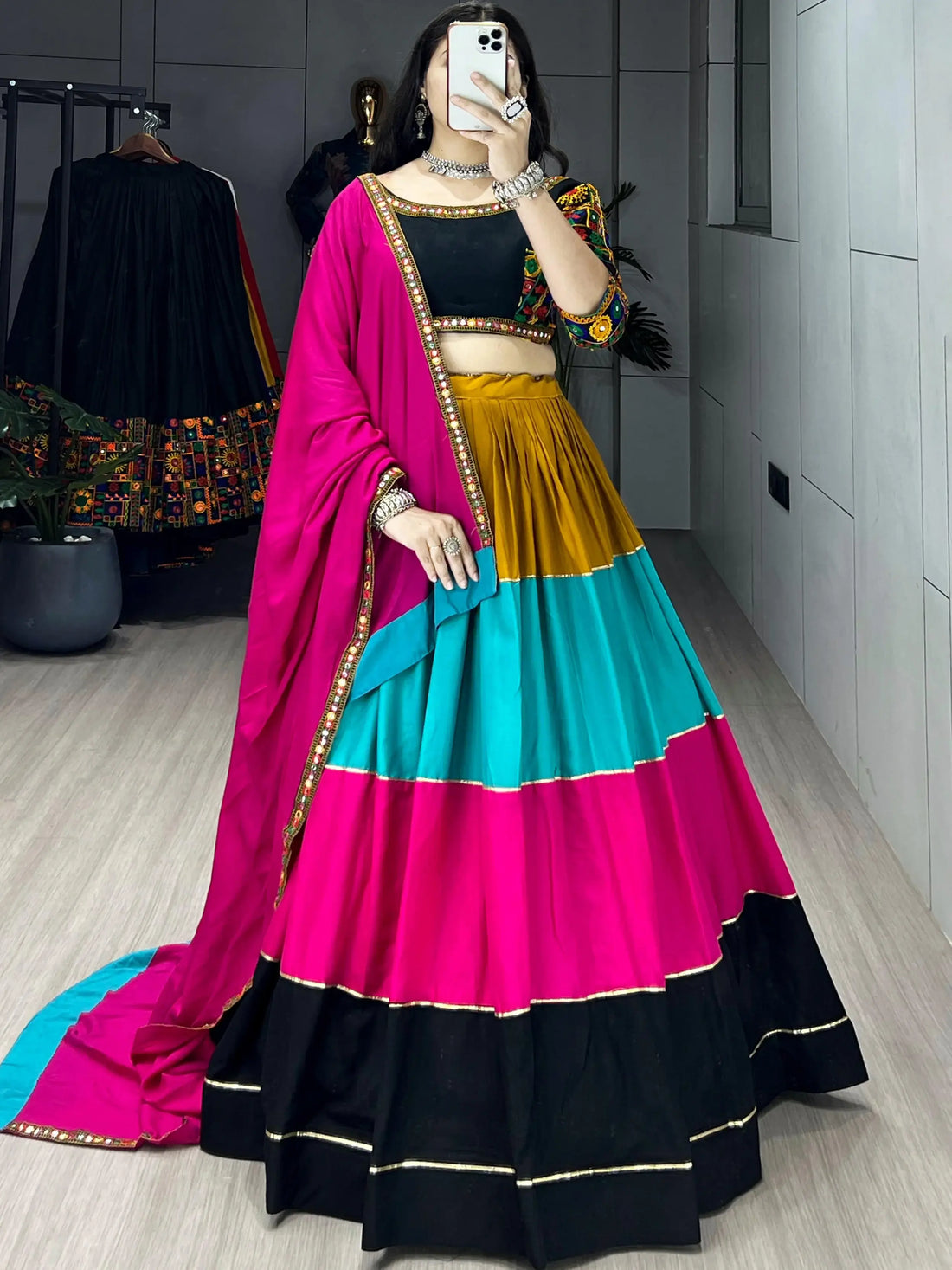 Delightful Multi Color Cotton Gotta Patti Navratri Wear Lehenga Choli - Zeel Clothing