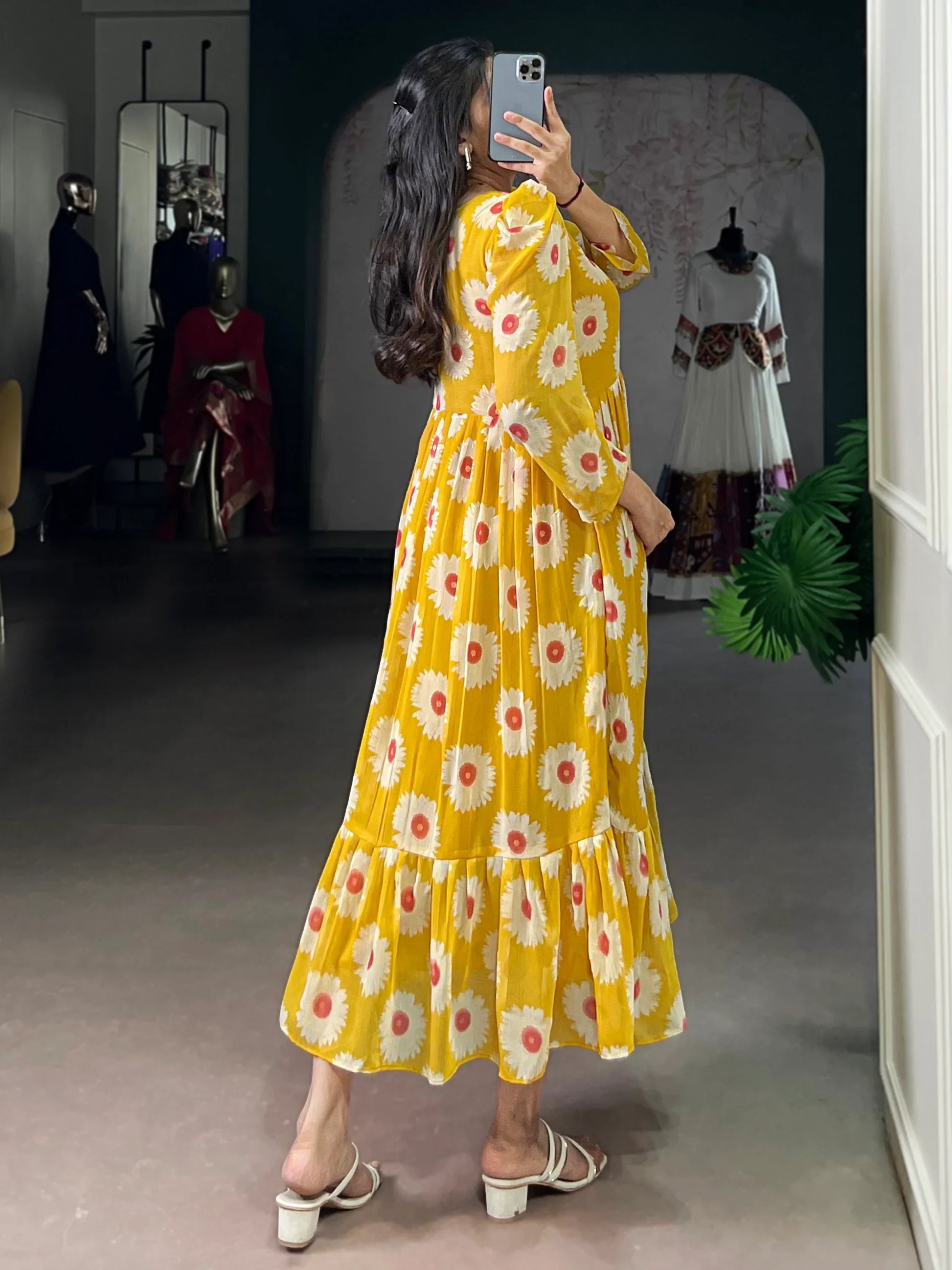 Delightful Mustard Yellow Floral Printed Georgette Daily Wear Dress