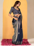 Delightful Navy Blue Foil Printed Dola Silk Saree With Blouse - Zeel Clothing