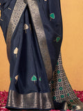 Delightful Navy Blue Foil Printed Dola Silk Saree With Blouse - Zeel Clothing