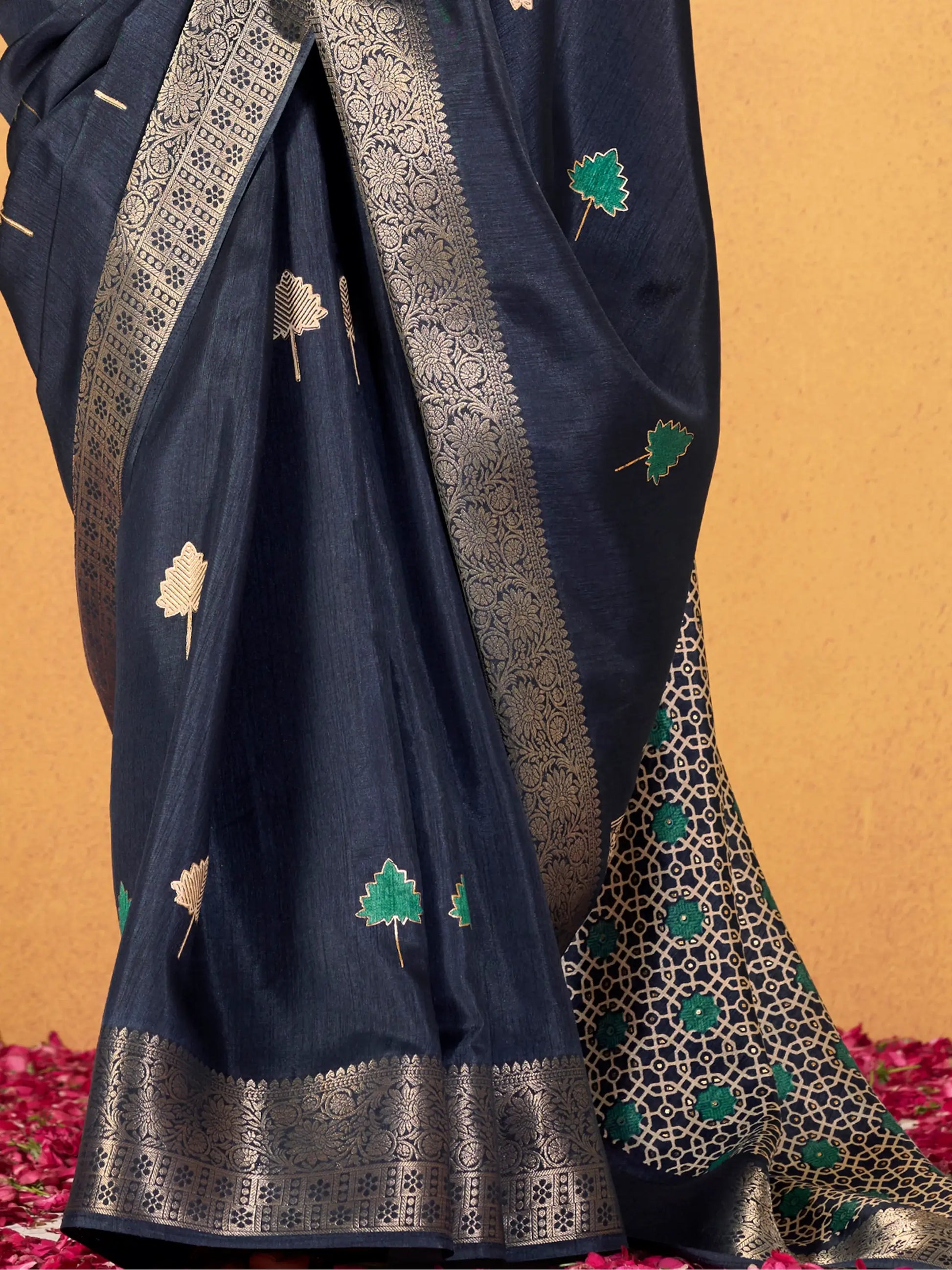 Delightful Navy Blue Foil Printed Dola Silk Saree With Blouse - Zeel Clothing