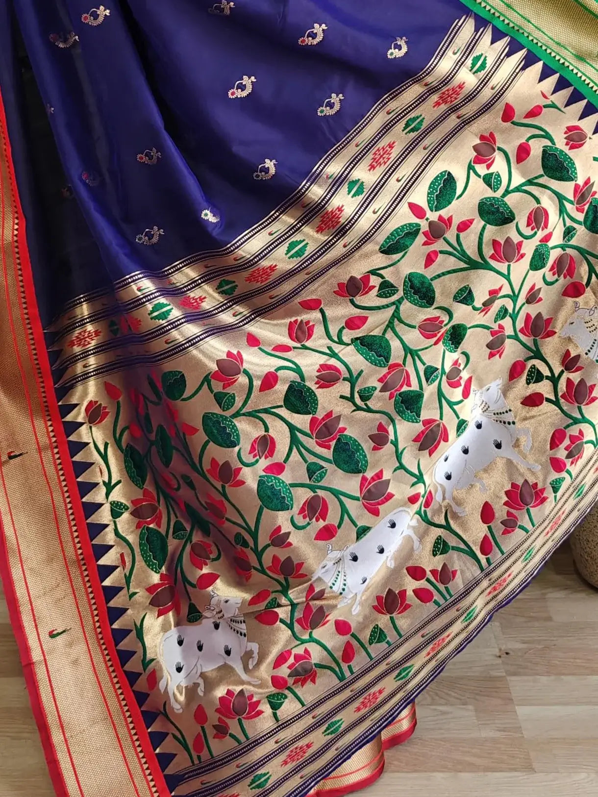 Delightful Navy Blue Pichwai Printed Silk Traditional Wear Saree With Blouse - Zeel Clothing