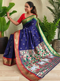 Delightful Navy Blue Pichwai Printed Silk Traditional Wear Saree With Blouse - Zeel Clothing