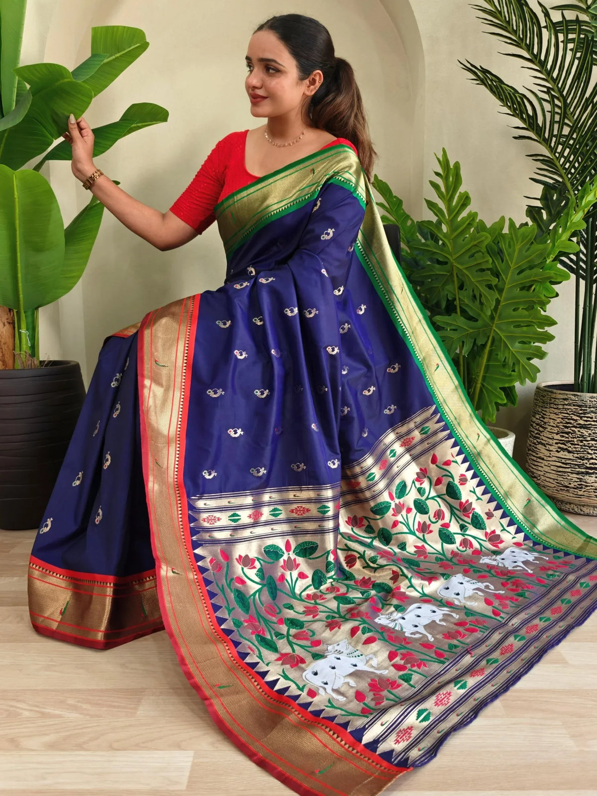 Delightful Navy Blue Pichwai Printed Silk Traditional Wear Saree With Blouse - Zeel Clothing