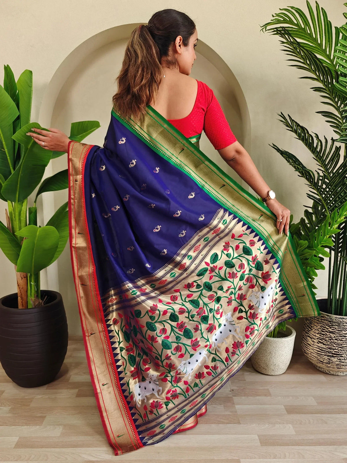 Delightful Navy Blue Pichwai Printed Silk Traditional Wear Saree With Blouse - Zeel Clothing