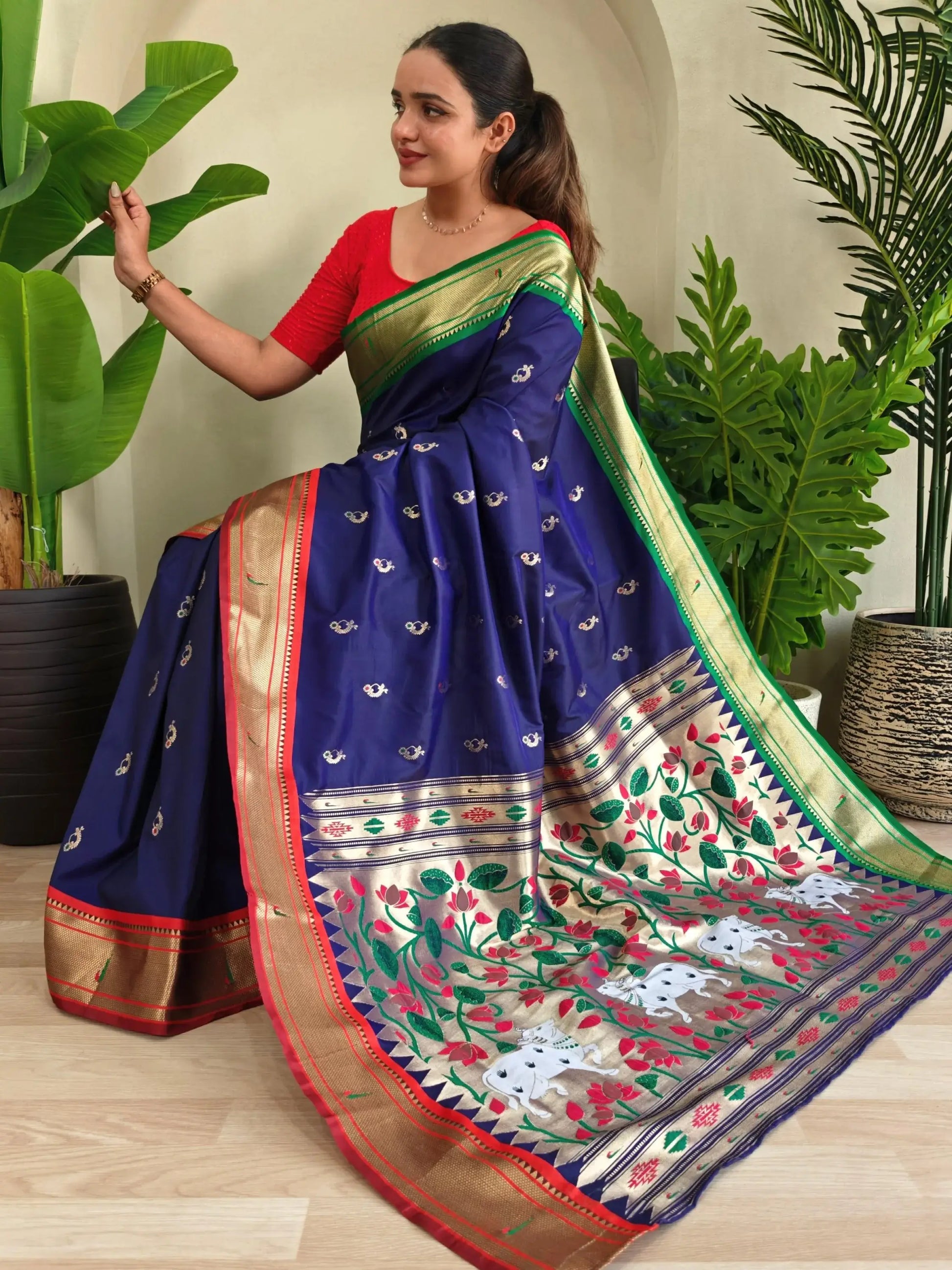 Delightful Navy Blue Pichwai Printed Silk Traditional Wear Saree With Blouse - Zeel Clothing
